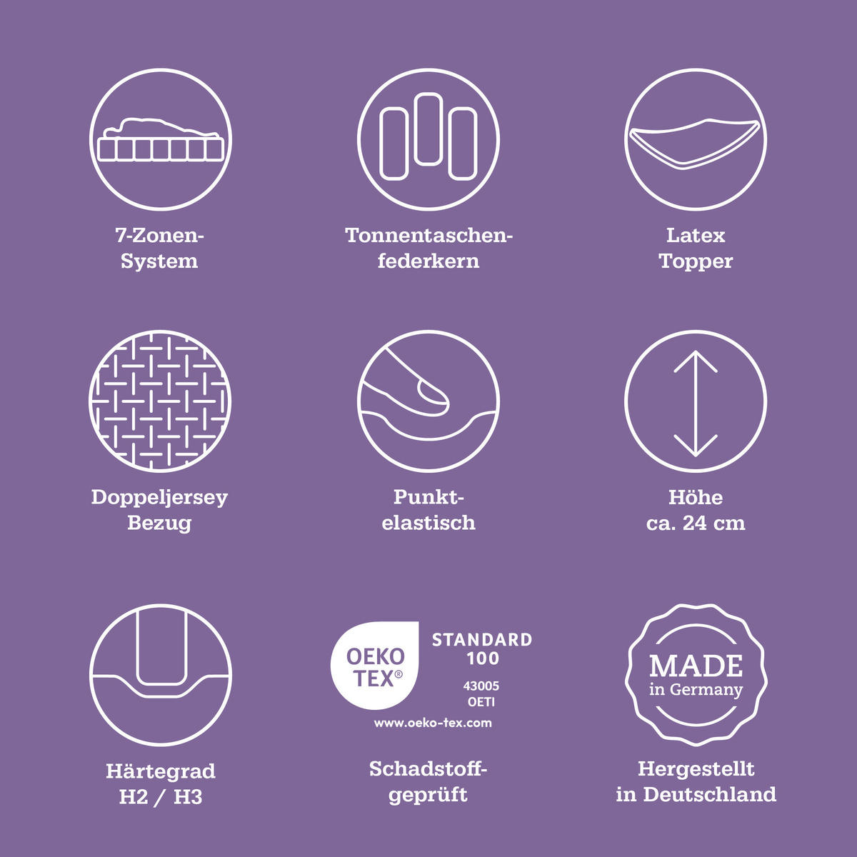 LATEXMATRATZE 90/190 cm, Höhe ca.: 24 cm, H3 = fest, 7-Zonen - Weiß, Basics, Textil (90/190cm) - Sleeptex