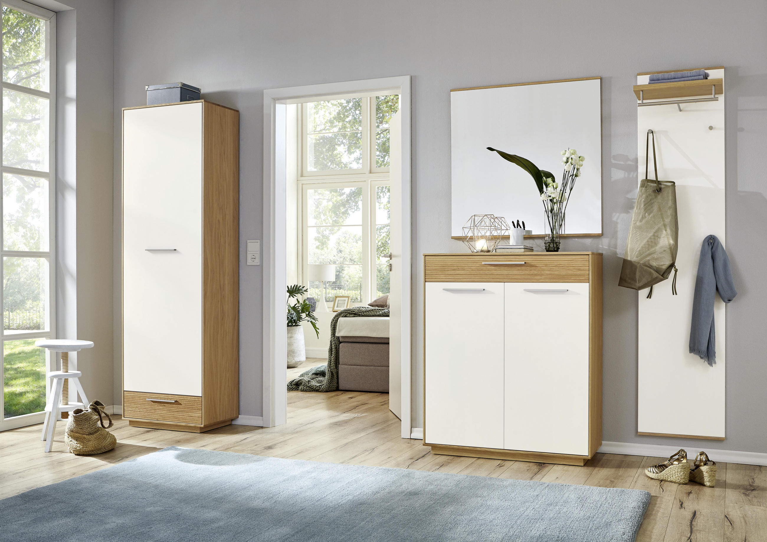 GARDEROBE Weiß, Eichefarben - Eichefarben/Weiß, Design, Glas/Holz (220/195/37cm)