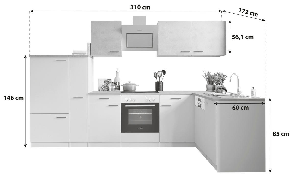 ECKKÜCHE 310/172 cm  in Grau, Weiß  - Edelstahlfarben/Graphitfarben, Basics, Holzwerkstoff/Metall (310/172cm) - Respekta