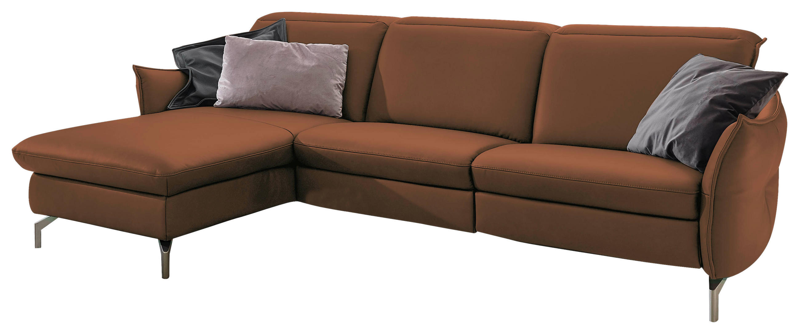 ECKSOFA Cognac Lederlook (vegan)  - Cognac/Nickelfarben, MODERN, Textil/Metall (179/233cm) - Livetastic