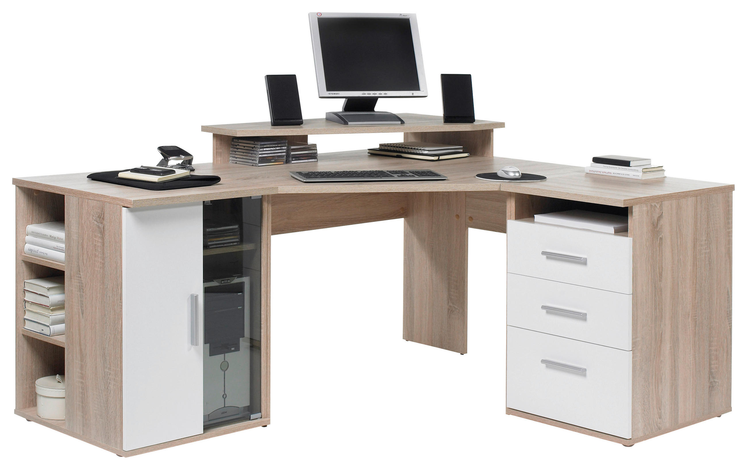 PISAĆI STOL KUTNI bijela, boje hrasta drvni materijal - bijela/srebrne boje, Design, staklo/drvni materijal (173/75/140cm) - Boxxx