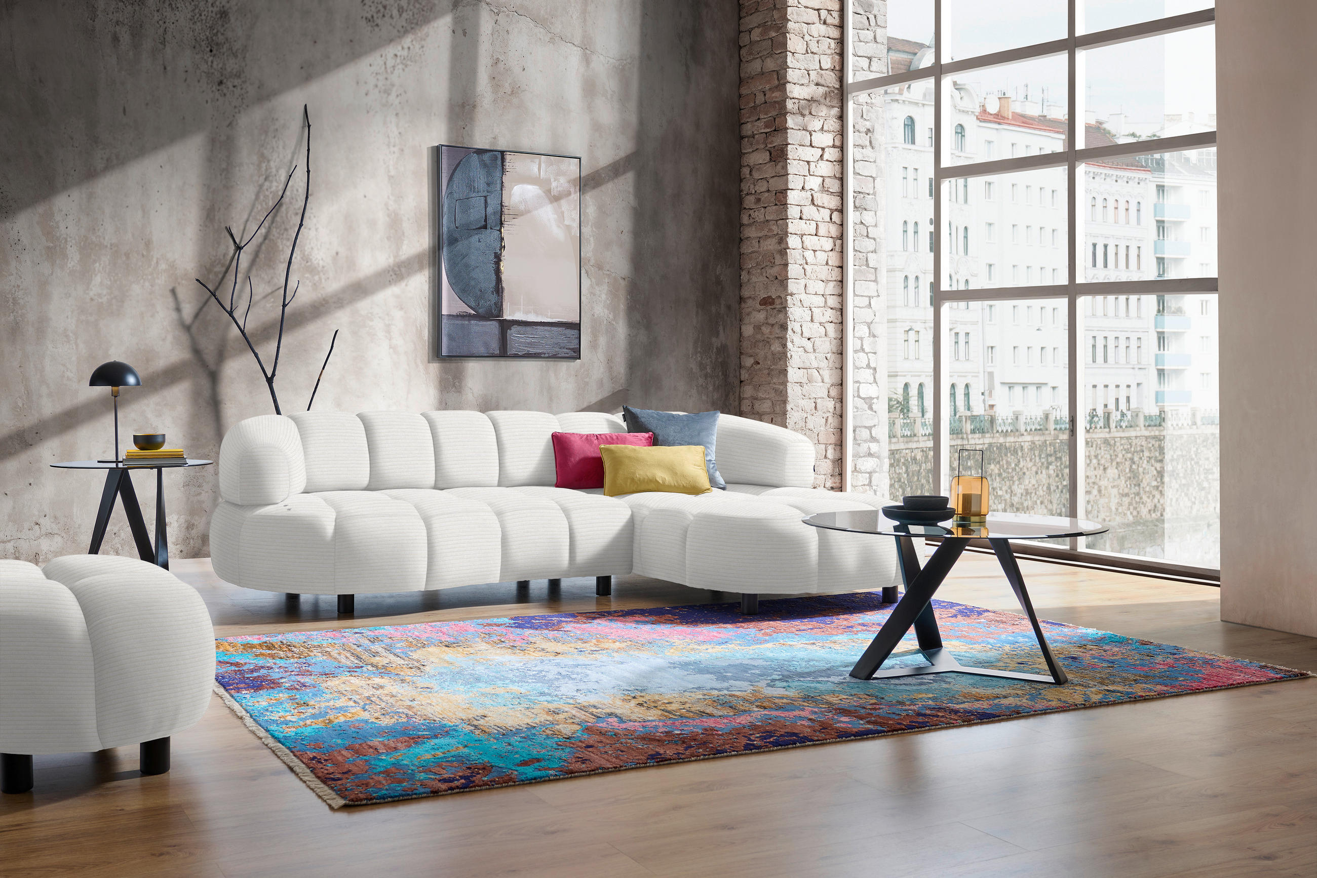 ECKSOFA in Cord, Velours Weiß  284/183 cm  - Schwarz/Weiß, Design, Holz/Textil (284/183cm) - Welnova