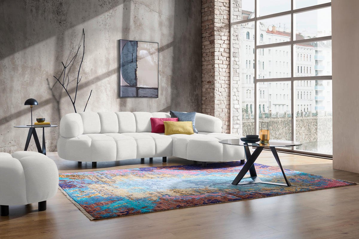 ECKSOFA in Cord, Velours Weiß  284/183 cm  - Schwarz/Weiß, Design, Holz/Textil (284/183cm) - Welnova