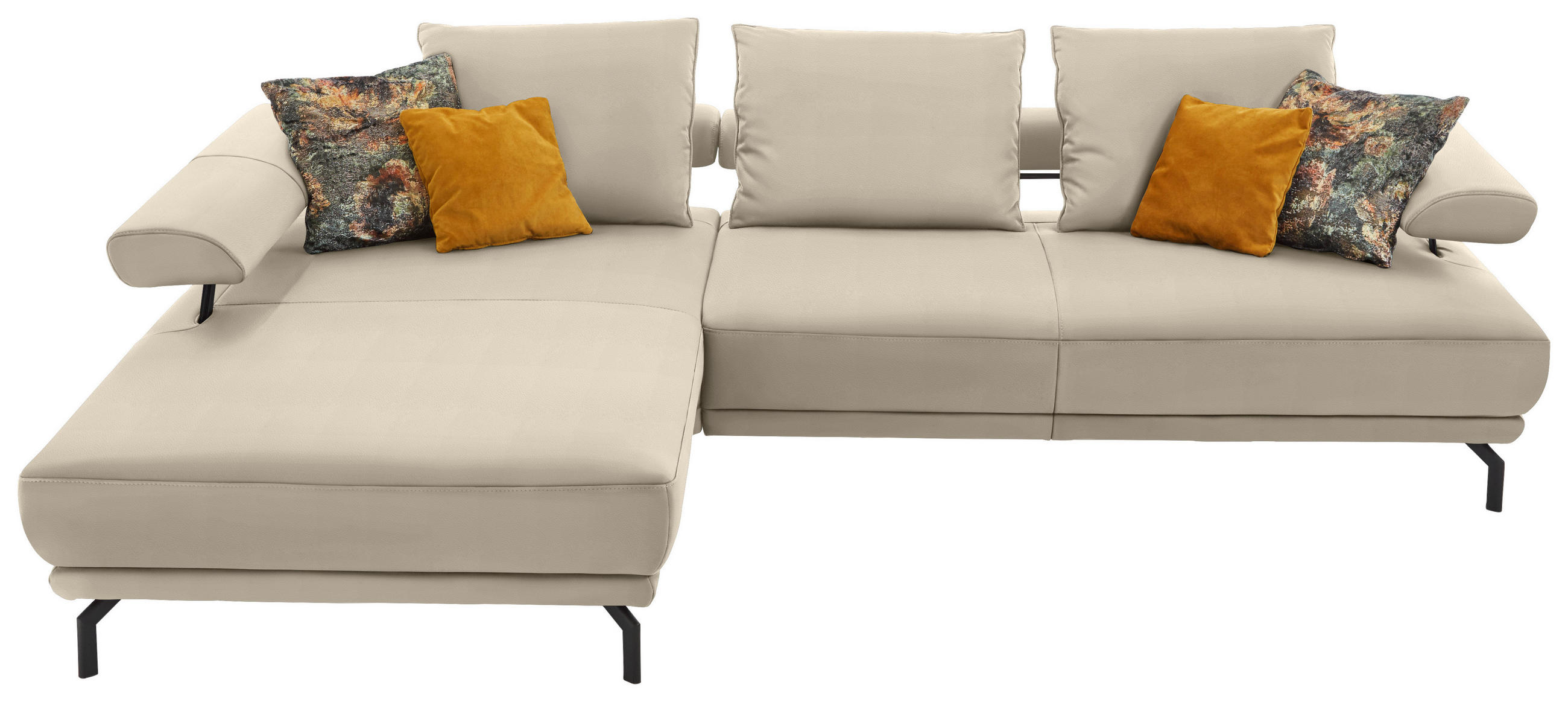 ECKSOFA 224/305 cm  in Echtleder Creme, Ecru Rückenkissen, Sitztiefenverstellung  224/305 cm  - Ecru/Creme, Design, Leder/Metall (224/305cm) - Dieter Knoll