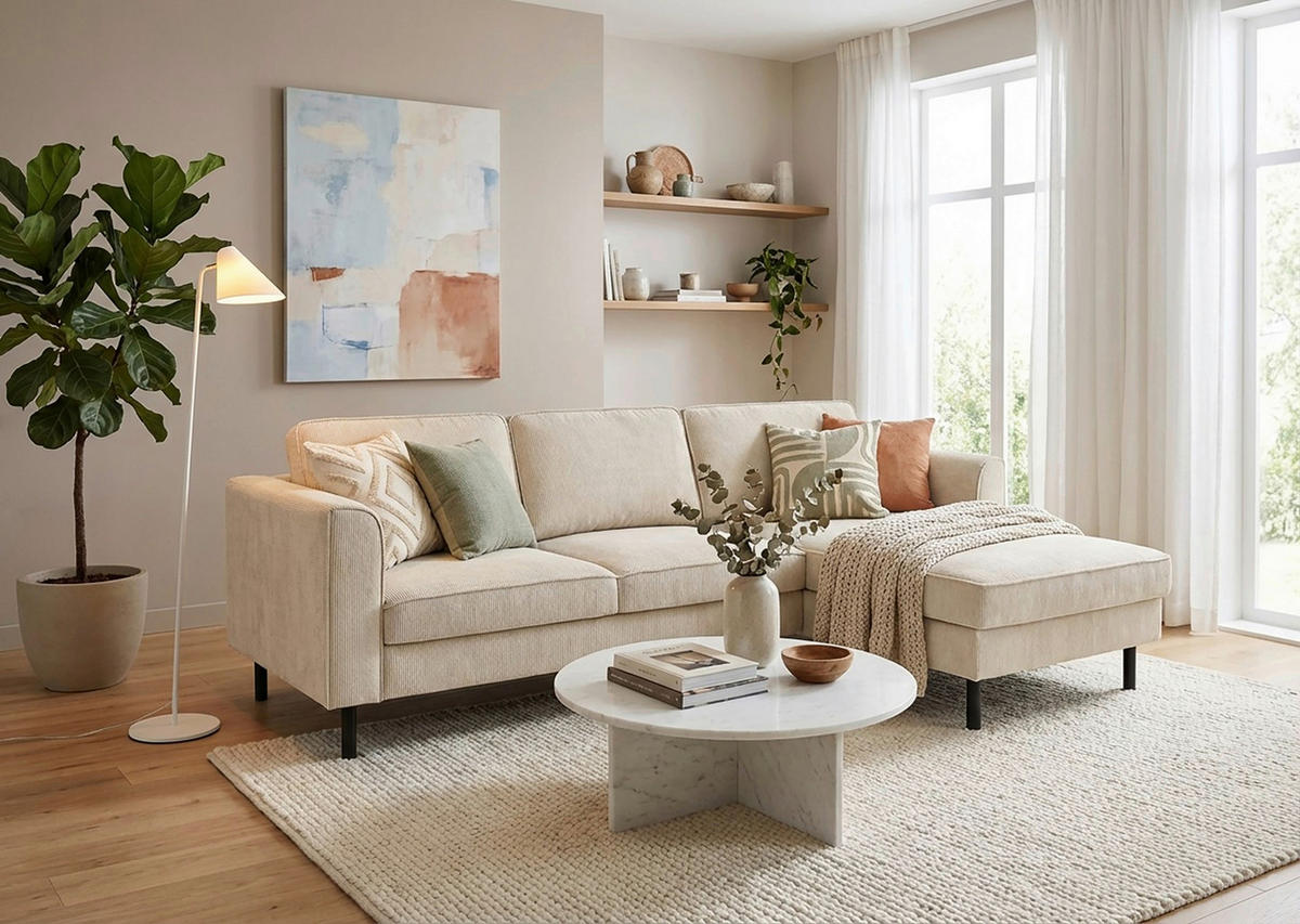 ECKSCHLAFSOFA Cord Creme  - Creme/Schwarz, Modern, Textil/Metall (232/161cm) - Trendmanufaktur