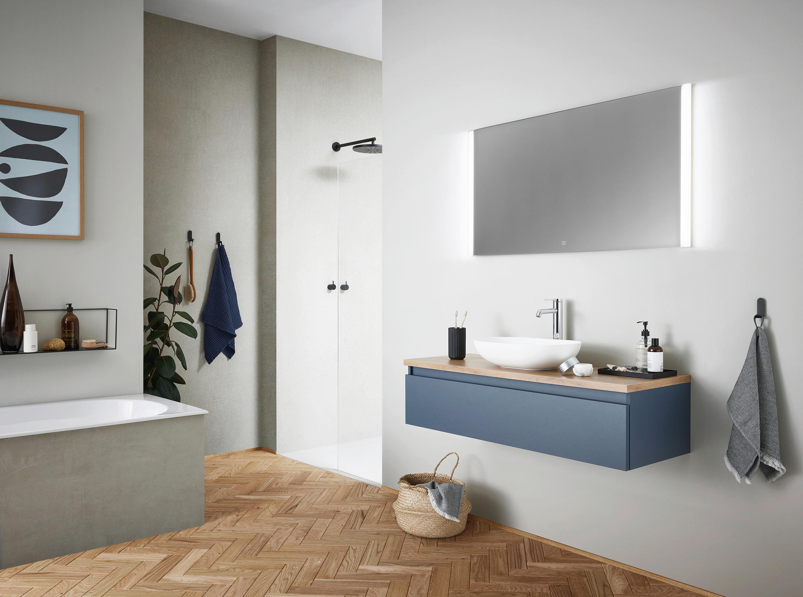 MIDISCHRANK 40/131/33 cm  - Graublau/Eichefarben, KONVENTIONELL, Glas/Holzwerkstoff (40/131/33cm) - b-collection