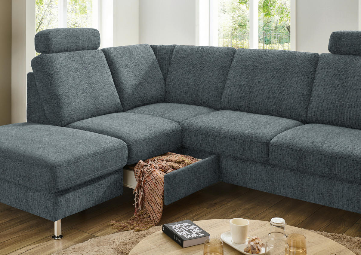 ECKSOFA in Webstoff Blaugrau  - Blaugrau/Alufarben, Konventionell, Textil/Metall (200/241cm) - Beldomo System