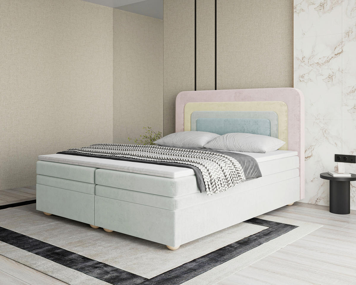 BOXBETT 180/200 cm,  in Rosa, Hellgrün, Mintgrün, gepolstertes Kopfteil, Bettkasten, Topper, H2 + H3 = mittel + fest  - Braun/Rosa, MODERN, Holz/Kunststoff (180/200cm) - Livetastic