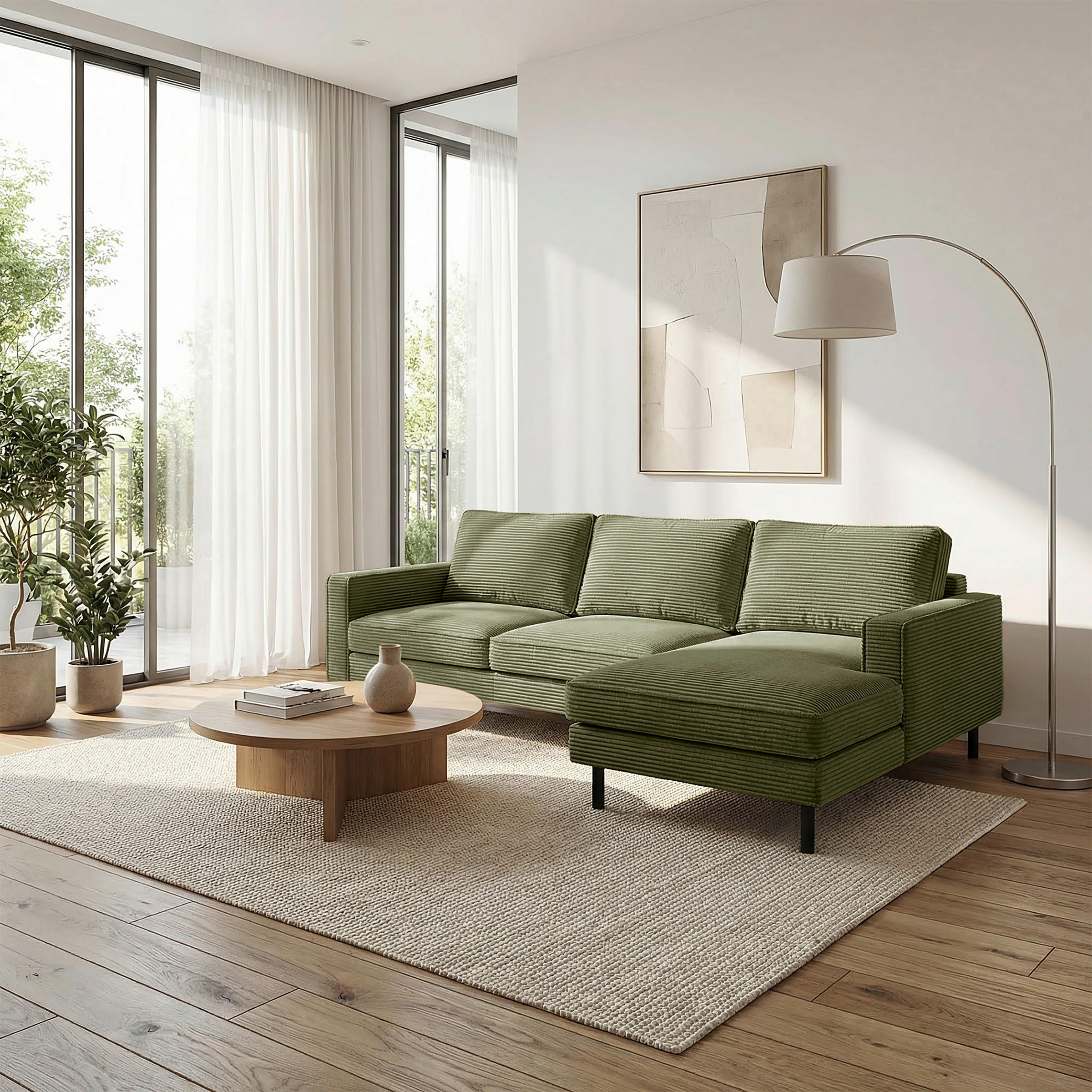 ECKSOFA Cord Olivgrün  - Schwarz/Olivgrün, Design, Textil/Metall (238/166cm) - Livetastic