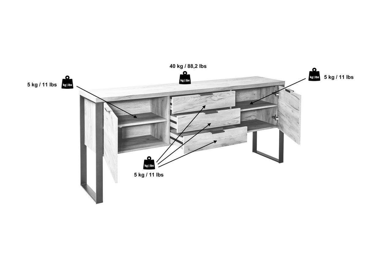 SIDEBOARD  180/76,2/39,5 cm 3 Schublade(n)  - Schwarz, KONVENTIONELL, Holzwerkstoff/Metall (180/76,2/39,5cm) - MID.YOU