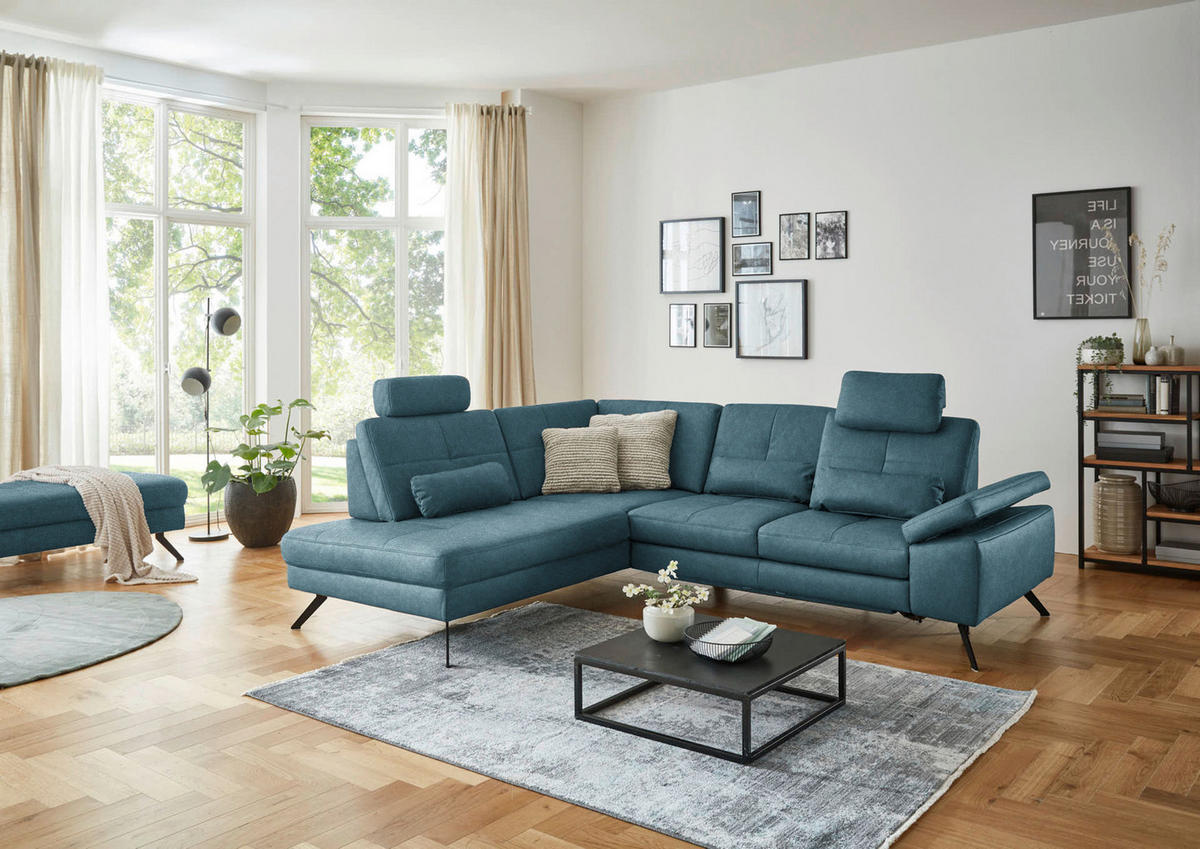 ECKSOFA in Lederlook, Mikrofaser Blau  - Blau/Schwarz, Design, Textil/Metall (194/261cm) - Beldomo System