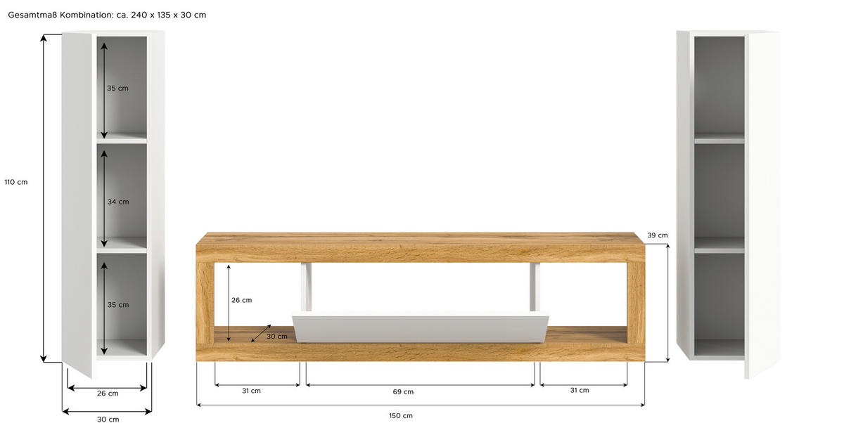 OBÝVACÍ STĚNA, bílá, dub wotan - bílá/černá, Design, kompozitní dřevo/plast (240/135/30cm) - MID.YOU