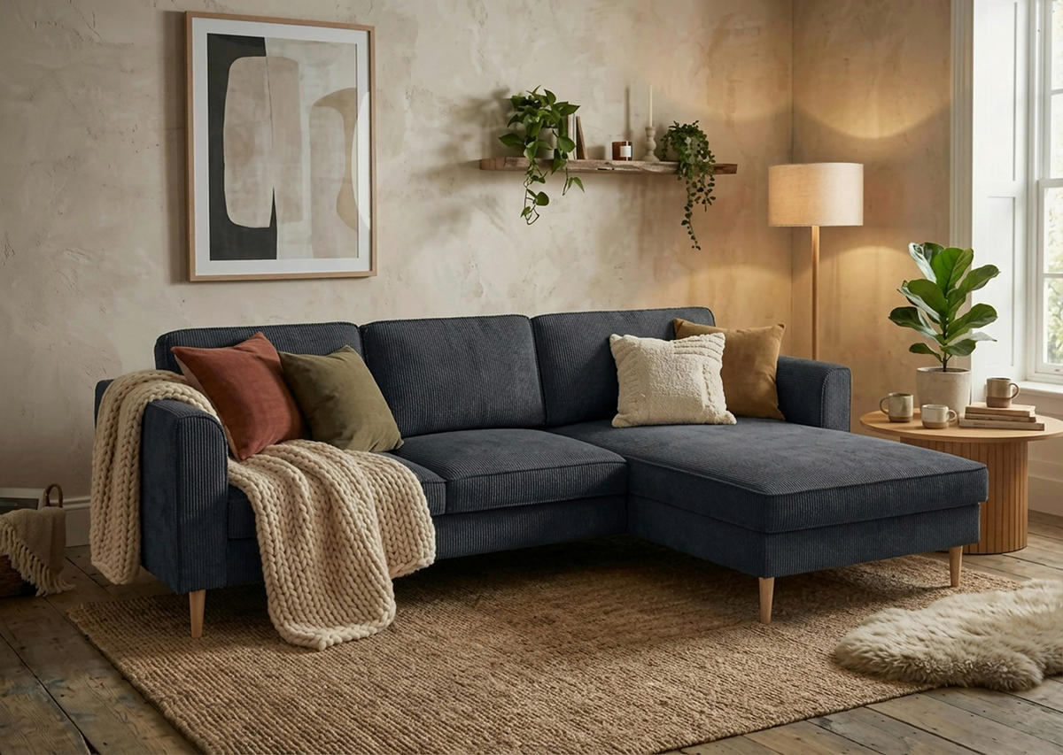 ECKSOFA Cord Dunkelgrau  - Dunkelgrau/Buchefarben, Modern, Holz/Textil (232/161cm) - Trendmanufaktur