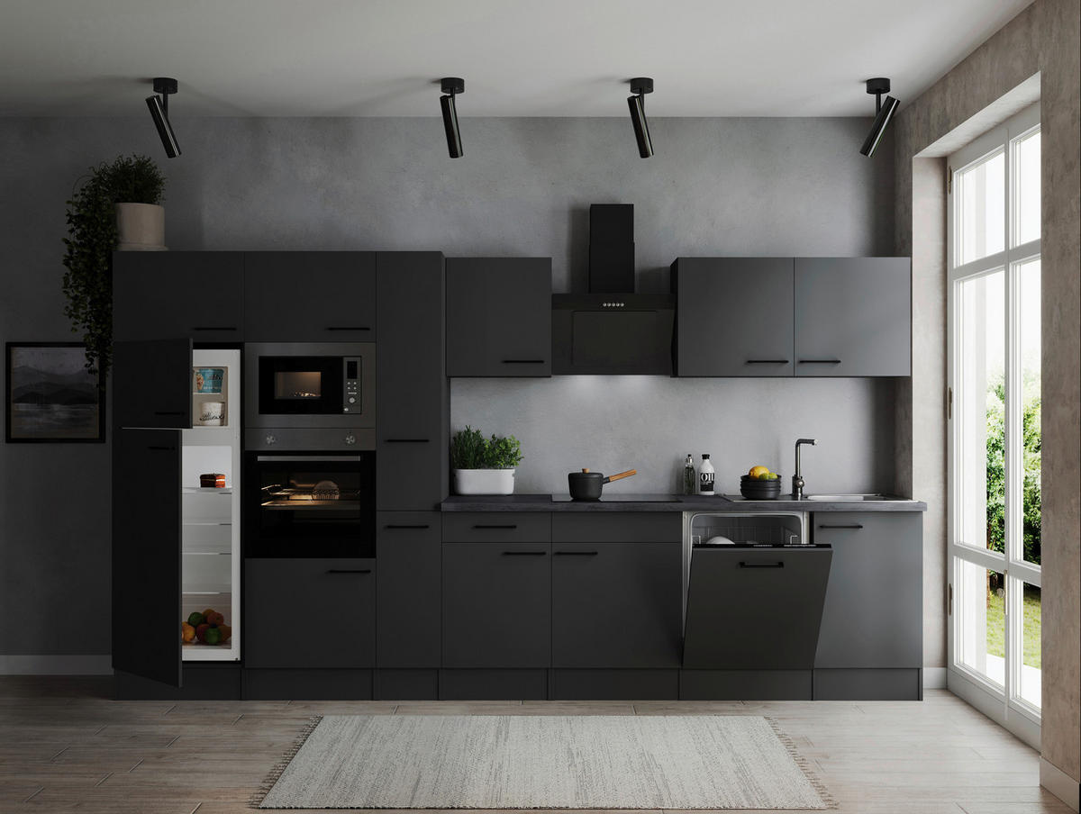KÜCHENBLOCK 370 cm   in Dunkelgrau  - Dunkelgrau/Schwarz, Design, Holzwerkstoff/Metall (370cm) - Respekta