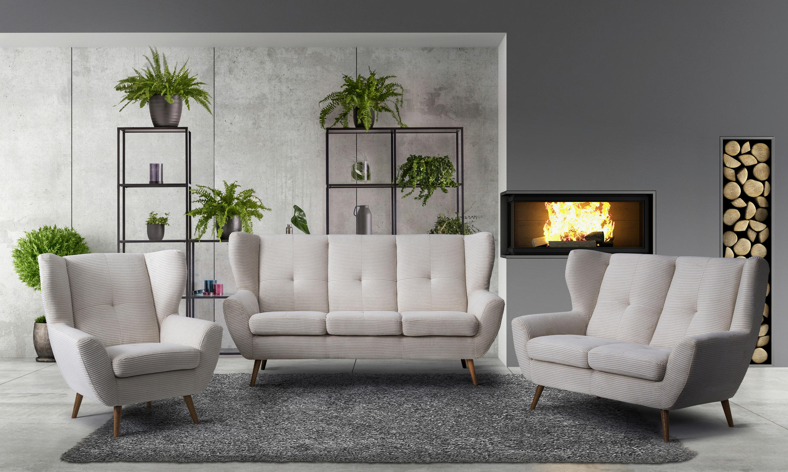 3-SITZER-SOFA Cord Creme  - Eichefarben/Creme, Design, Holz/Textil (190/102/90cm) - Stylife