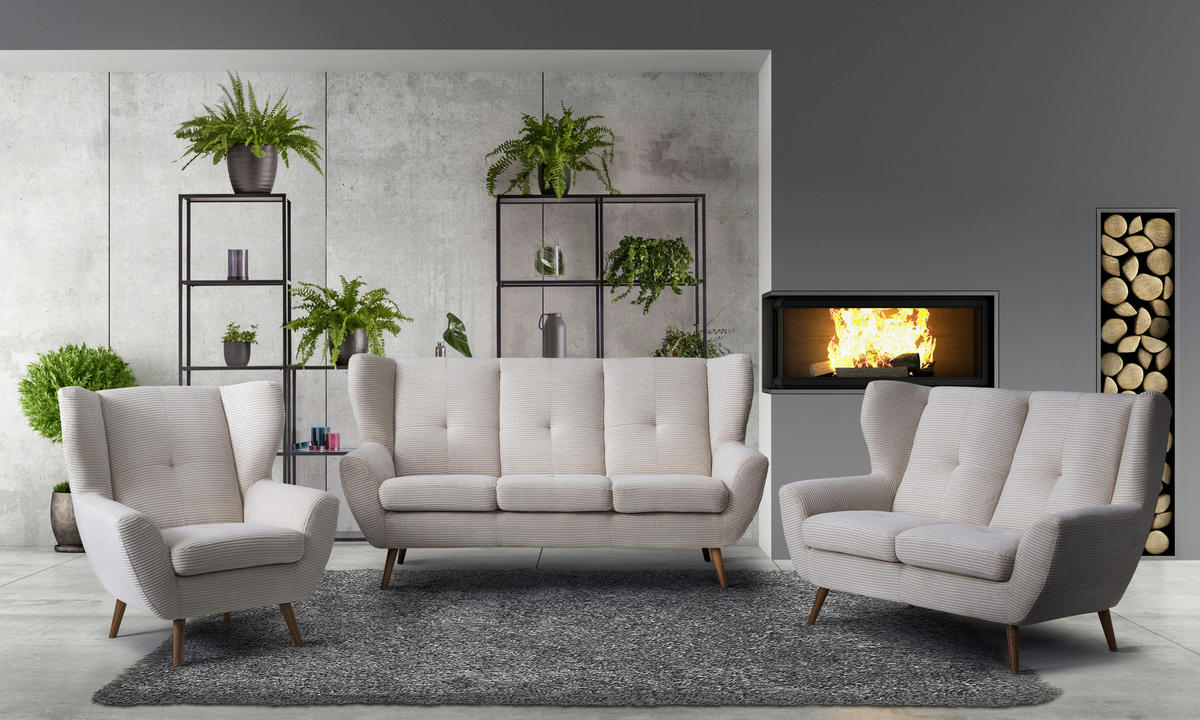 3-SITZER-SOFA in Cord Creme  - Eichefarben/Creme, Design, Holz/Textil (190/102/90cm) - Stylife