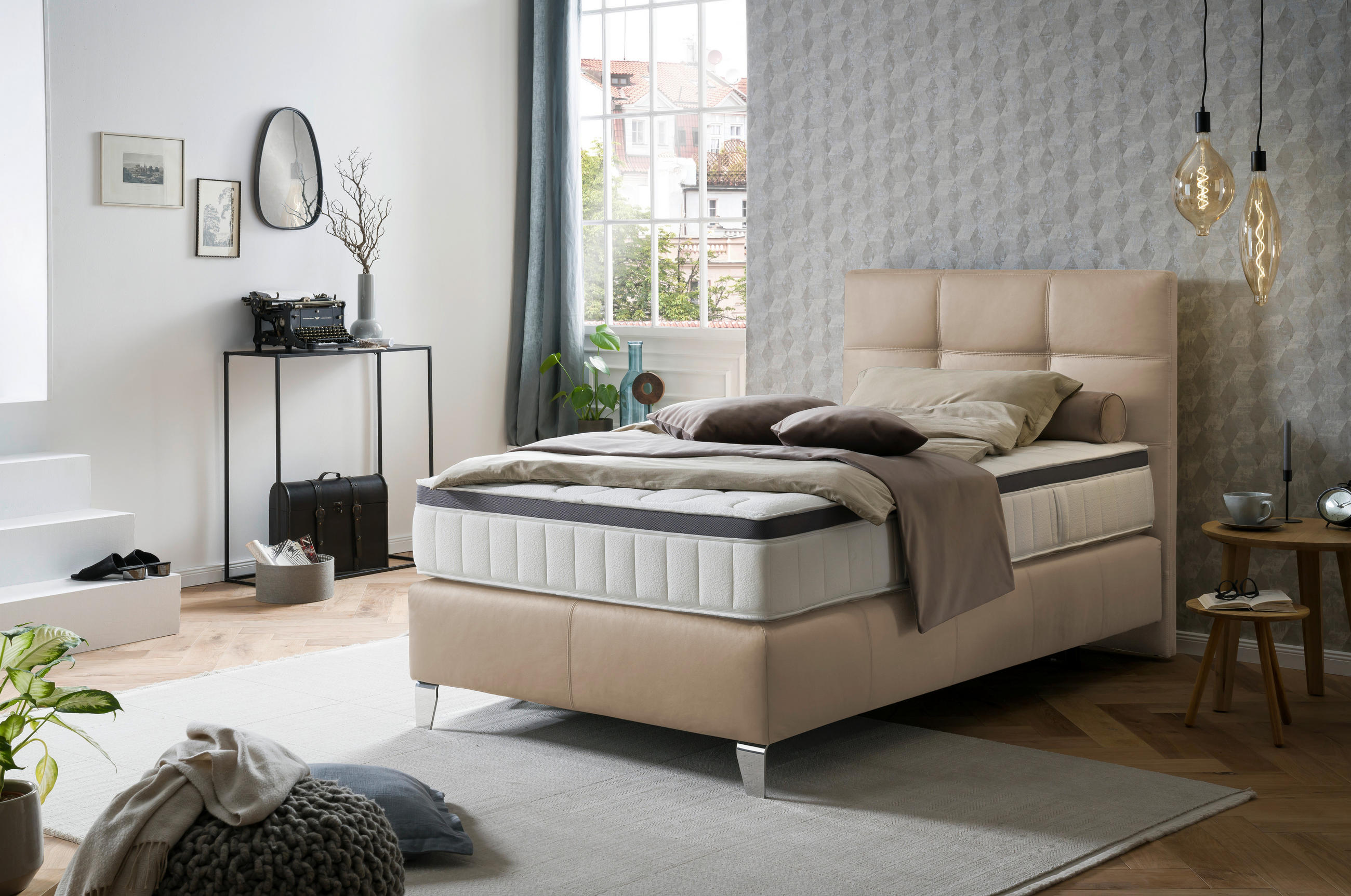 BOXSPRINGBETT 120/200 cm  in Naturfarben  - Chromfarben/Naturfarben, KONVENTIONELL, Leder/Textil (120/200cm) - Novel