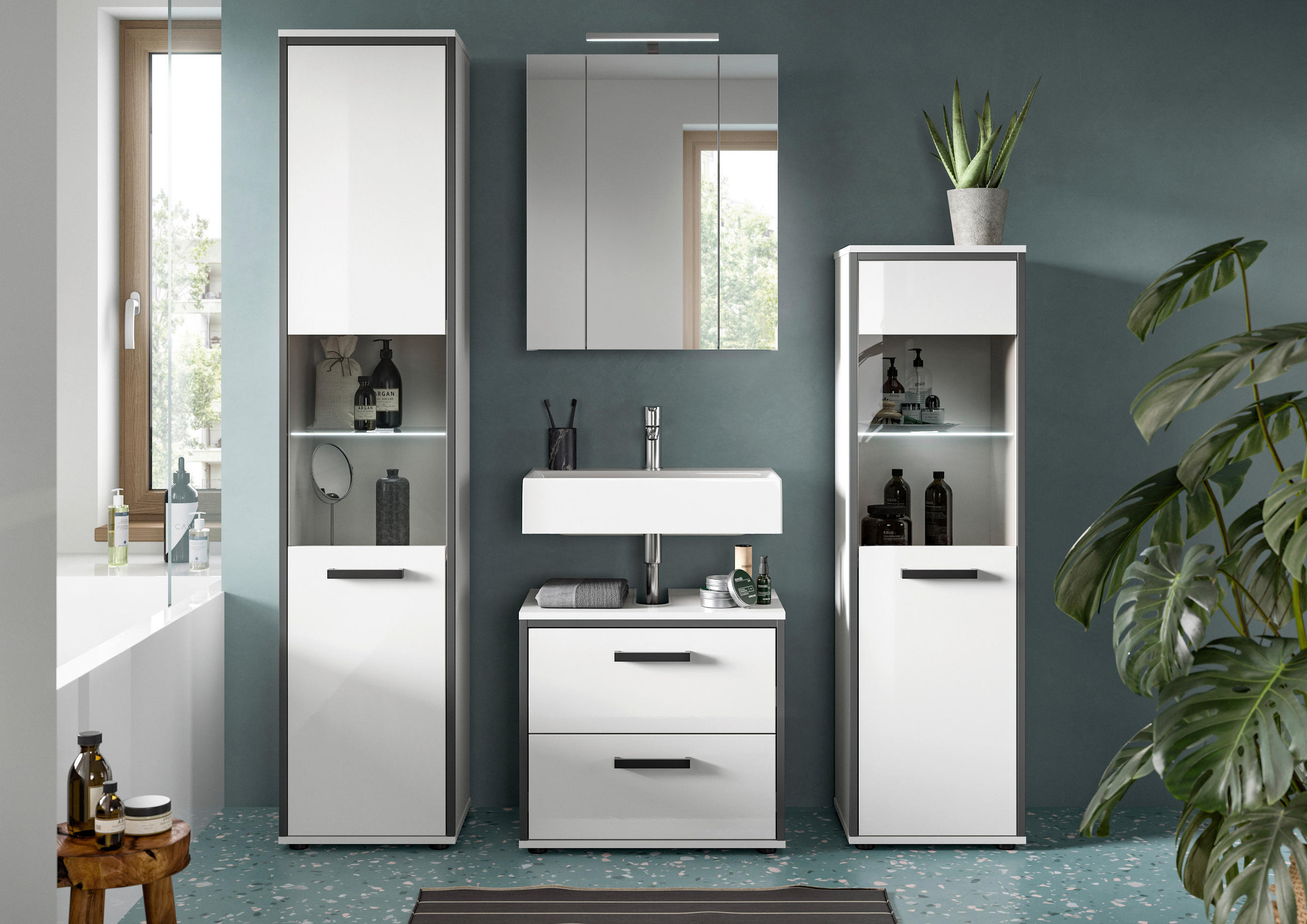 BADEZIMMER 4-teilig  in 140 cm  - Weiß Hochglanz/Schwarz, MODERN, Holzwerkstoff/Kunststoff (140cm) - MID.YOU