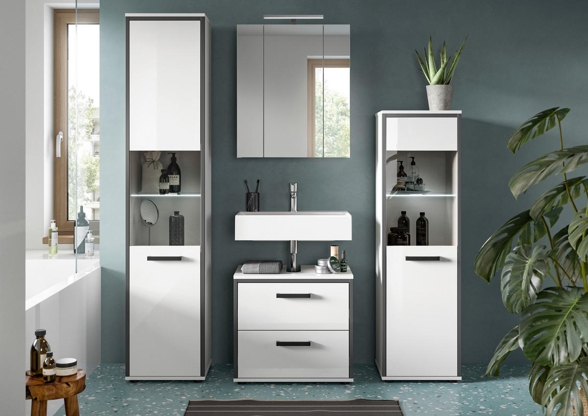 BADEZIMMER 4-teilig  in 140 cm  - Weiß Hochglanz/Schwarz, MODERN, Holzwerkstoff/Kunststoff (140cm) - MID.YOU