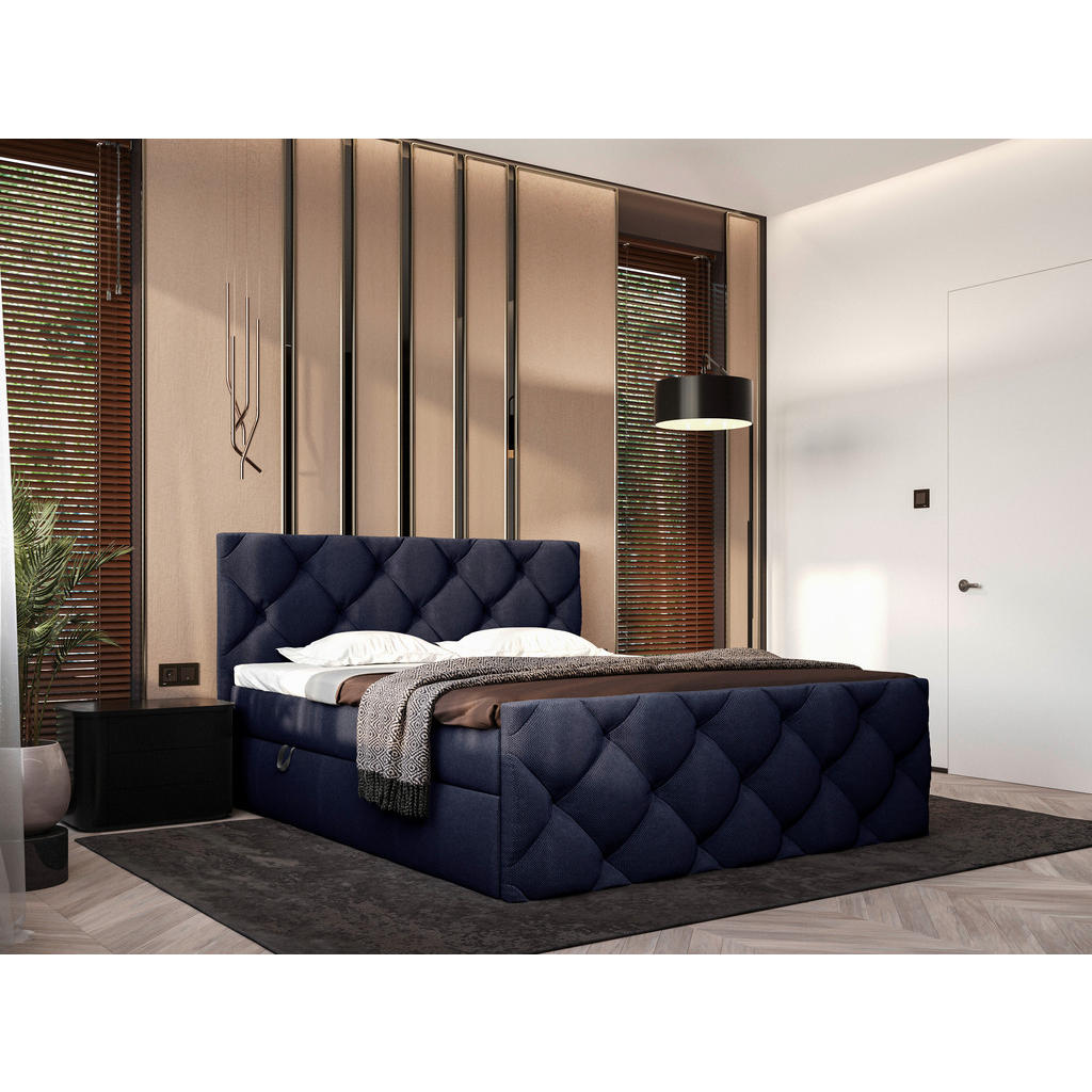 Thumbnail - Carryhome Boxbett, Dunkelblau, Textil, H3, Höhe ca. 20 cm, 140x200 cm, Bettkasten, gepolstertes Kopfteil, Topper durchge...