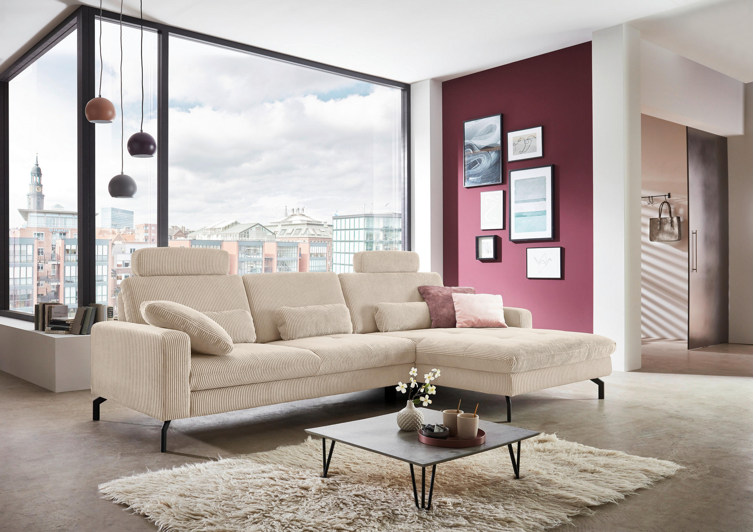 ECKSOFA in Cord Beige  - Beige/Schwarz, Design, Textil/Metall (302/178cm) - Beldomo Style