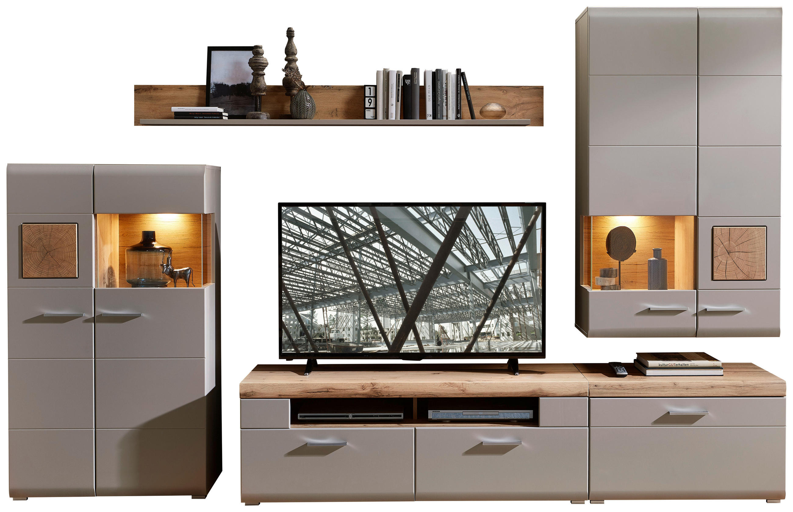 WOHNWAND Grau, Eichefarben Beleuchtung, Einlegeböden - Chromfarben/Eichefarben, MODERN, Holzwerkstoff/Metall (320/205/47cm) - Linie Design