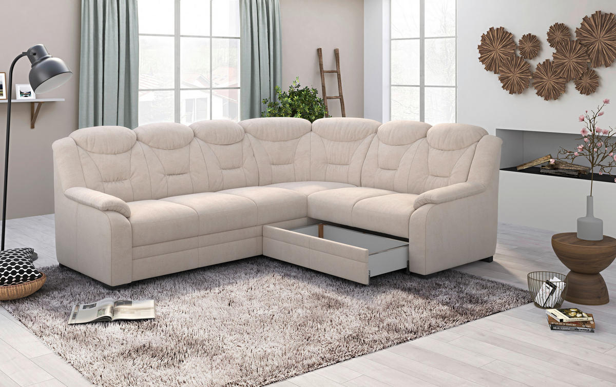 ECKSOFA in Chenille Beige  - Beige/Schwarz, Basics, Kunststoff/Textil (263/211cm) - MID.YOU