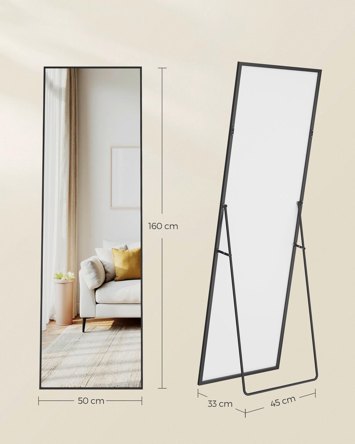 STANDSPIEGEL 50/160/33 cm, Schwarz  - Schwarz, Trend, Glas/Metall (50/160/33cm) - Boxxx