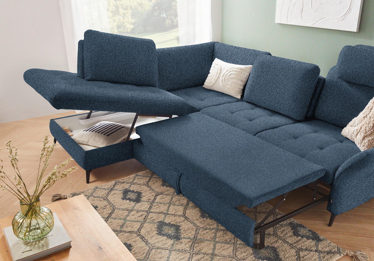 ECKSOFA in Bouclé Blau  - Blau/Schwarz, Natur, Textil/Metall (233/288cm) - Valnatura