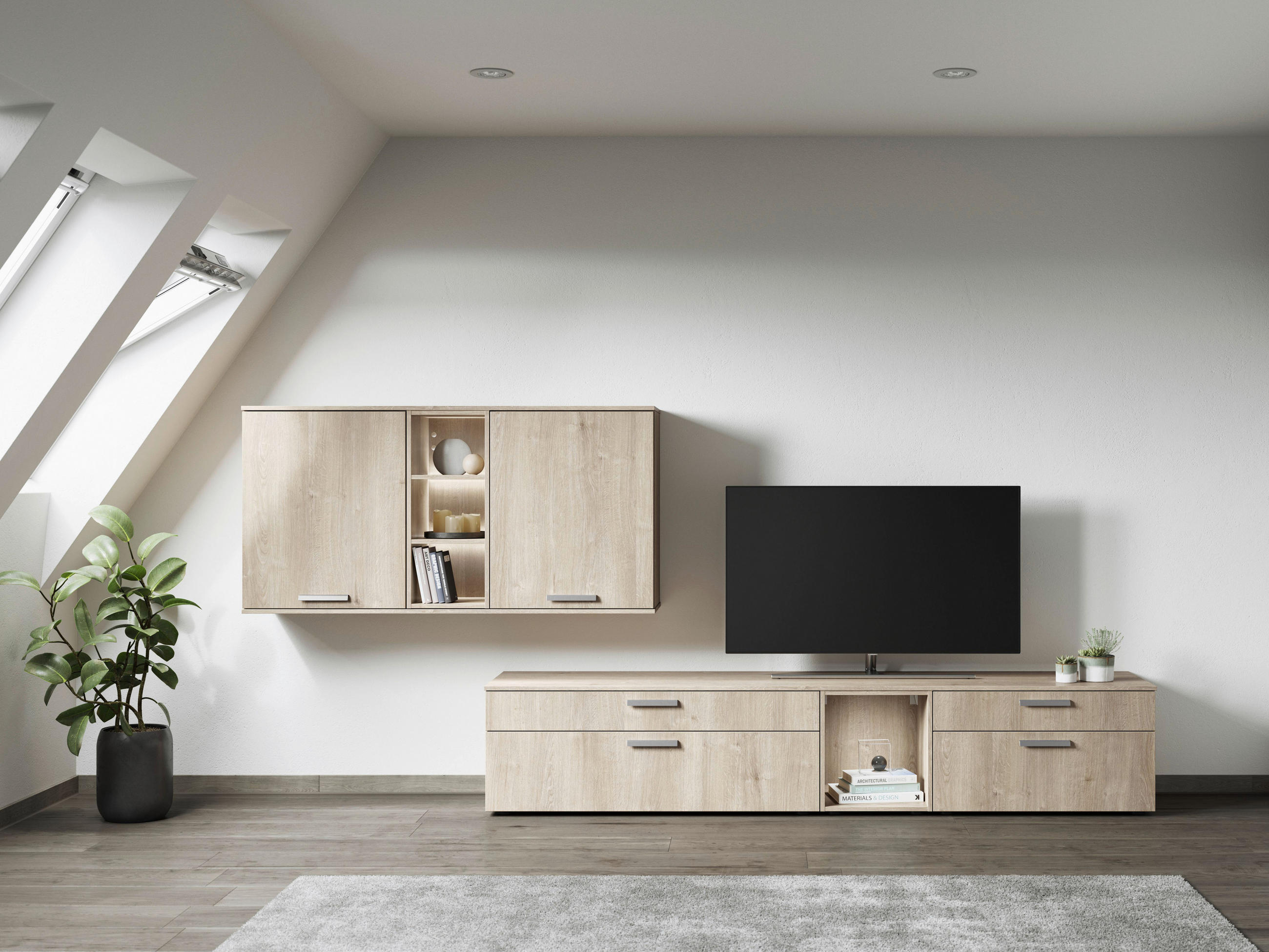 WOHNWAND  in Eichefarben  330/150/48,5 cm  - Edelstahlfarben/Eichefarben, Design, Holzwerkstoff/Metall (330/150/48,5cm) - Celina Home