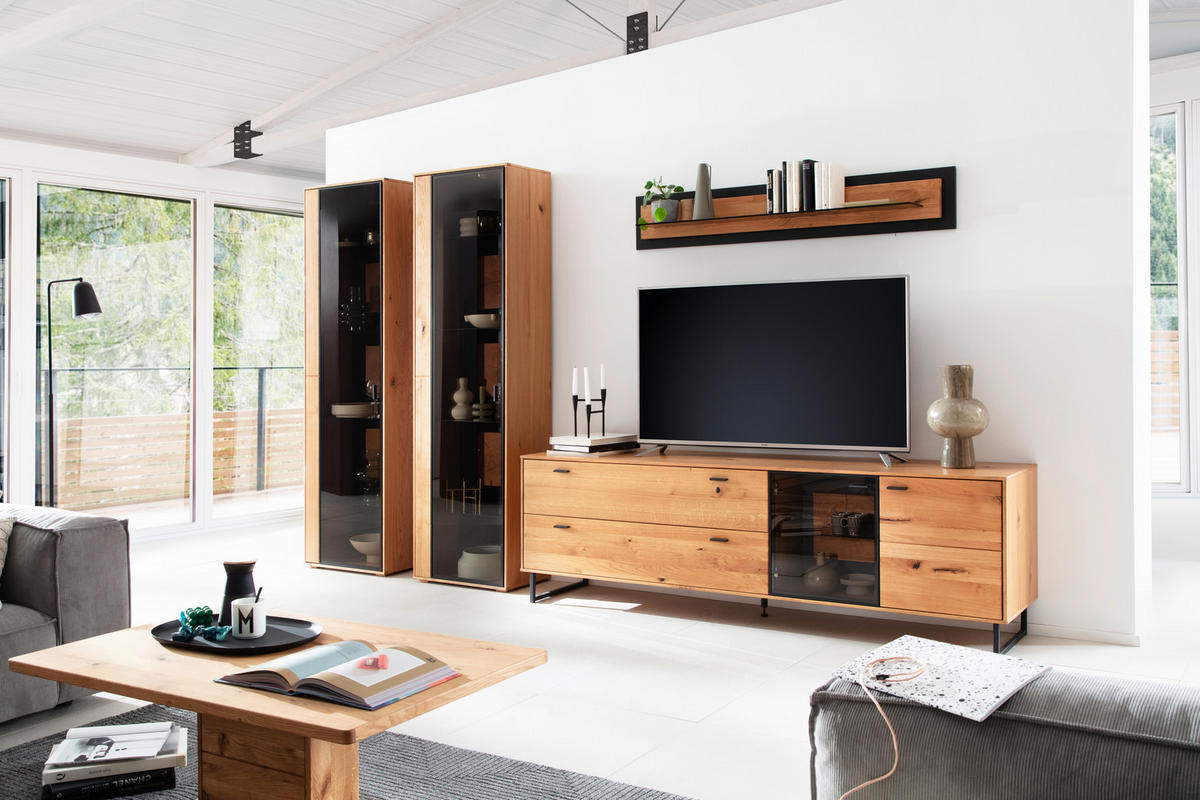 WOHNWAND  in Wildeiche 359/206/50 cm  - Wildeiche/Schwarz, Design, Glas/Holz (359/206/50cm) - MID.YOU