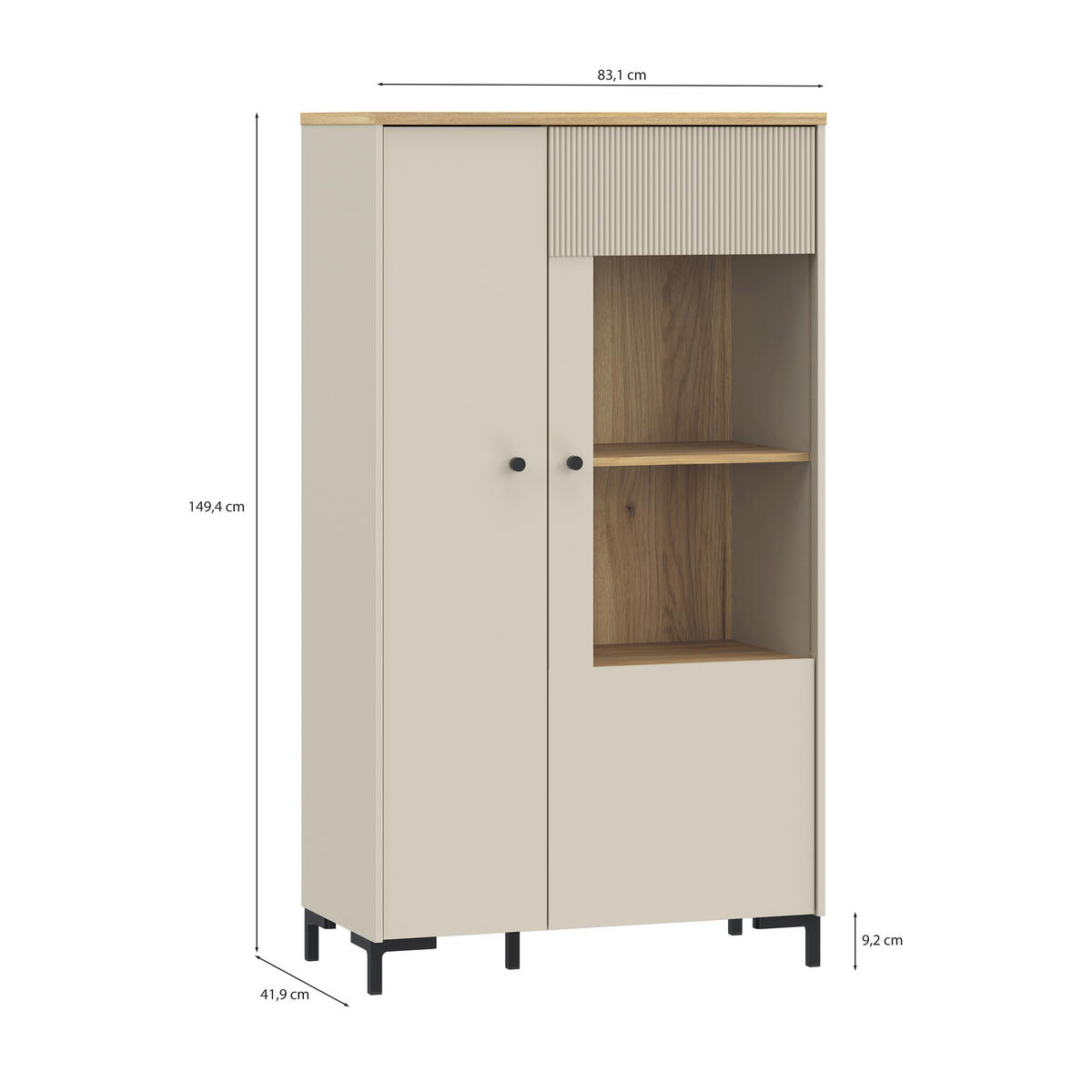 VITRINA, barve hrasta, peščene barve - črna/barve hrasta, Moderno, kovina/umetna masa (83,1/149,4/41,9cm) - Hom`in