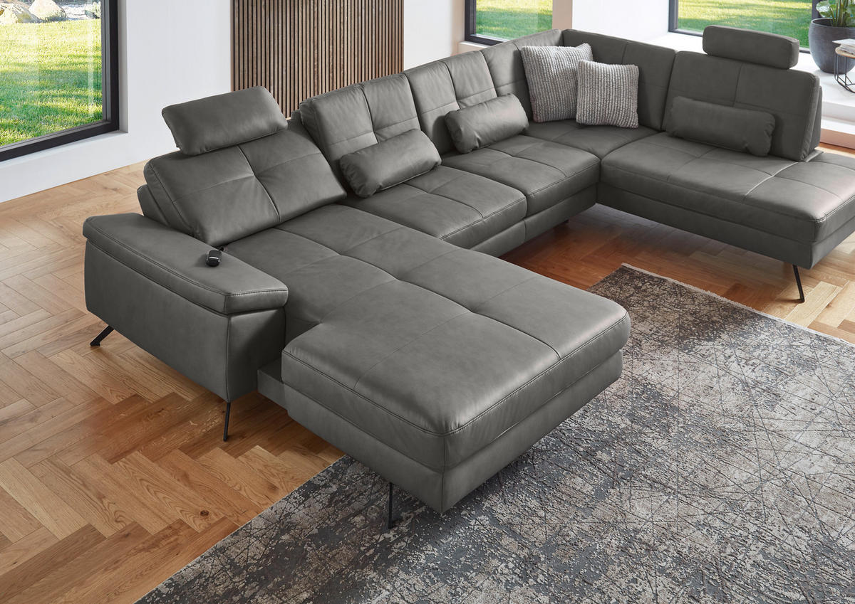 WOHNLANDSCHAFT in Lederlook, Mikrofaser Dunkelgrau  - Dunkelgrau/Schwarz, Design, Textil/Metall (220/343/179cm) - Beldomo System
