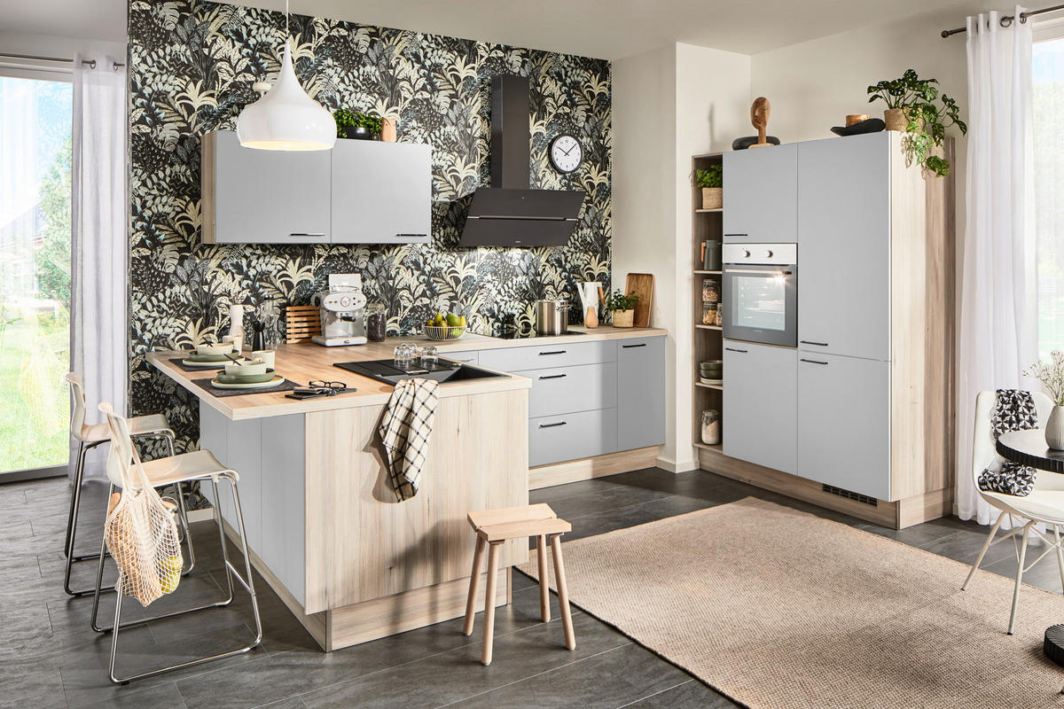 ECKKÜCHE  in Hellgrau, Tannenholzfarben  - Tannenholzfarben/Hellgrau, Design, Holzwerkstoff/Metall (121,6/280/150cm) - Xora