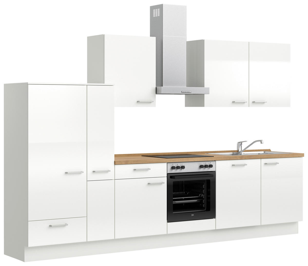 KÜCHENLEERBLOCK 330 cm   in Eichefarben, Weiß Hochglanz  - Edelstahlfarben/Eichefarben, MODERN, Holzwerkstoff/Metall (330cm) - Nobilia