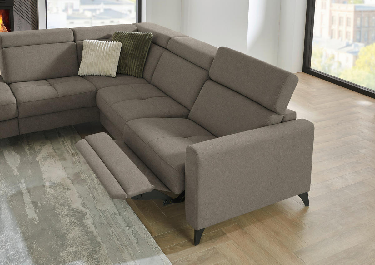 ECKSOFA Beldomo System in Flachgewebe Graubraun Kopfteilverstellung  214/276 cm  - Graubraun/Schwarz, KONVENTIONELL, Textil/Metall (214/276cm) - Beldomo System