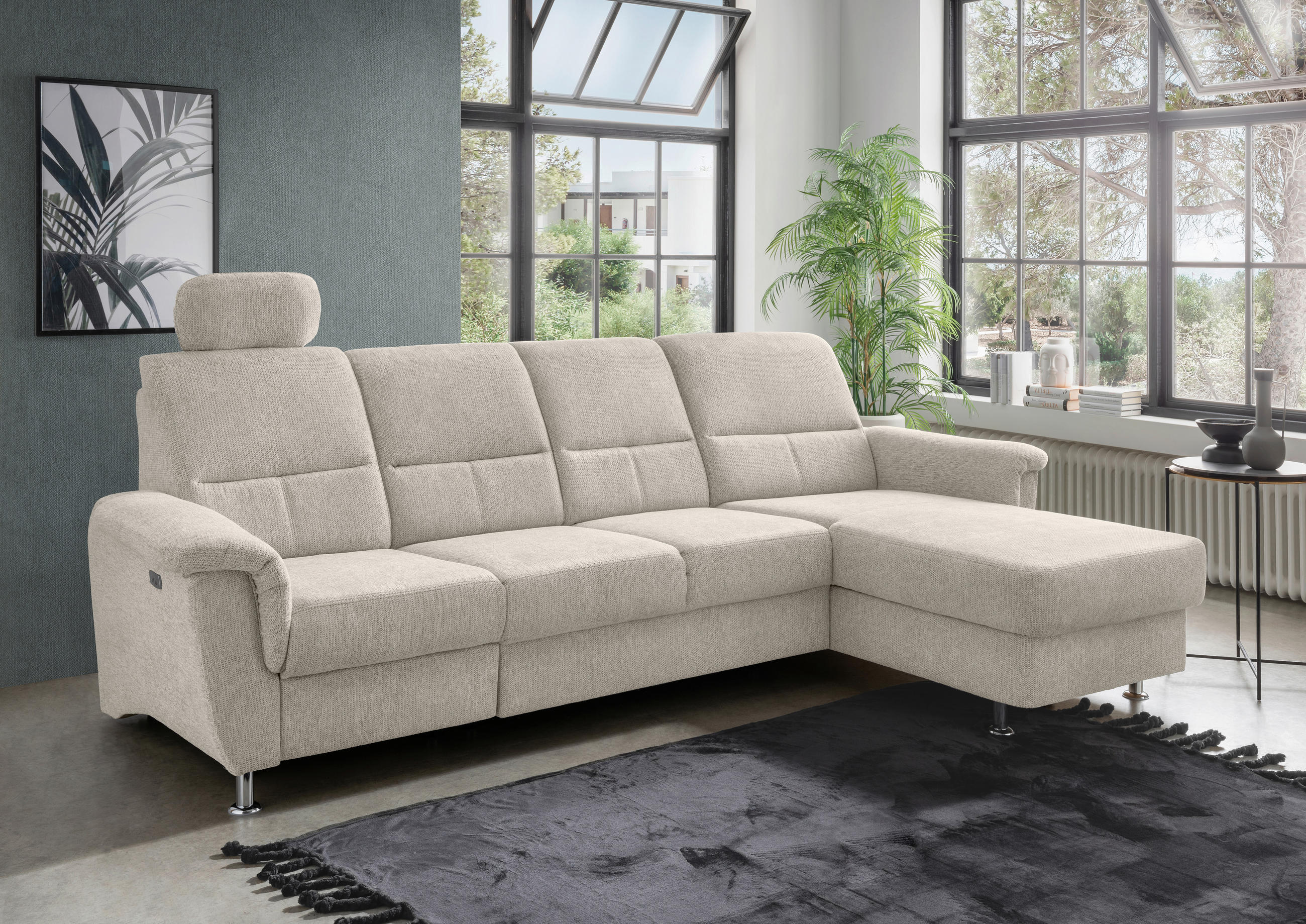 ECKSOFA in Chenille Beige  - Chromfarben/Beige, Konventionell, Textil/Metall (292/165cm) - Livetastic