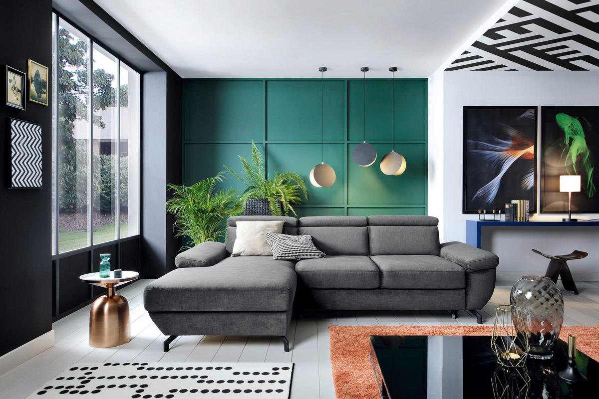 ECKSOFA RIMA Anthrazit Velours  - Anthrazit/Silberfarben, MODERN, Textil/Metall (182/262cm) - Trendmanufaktur