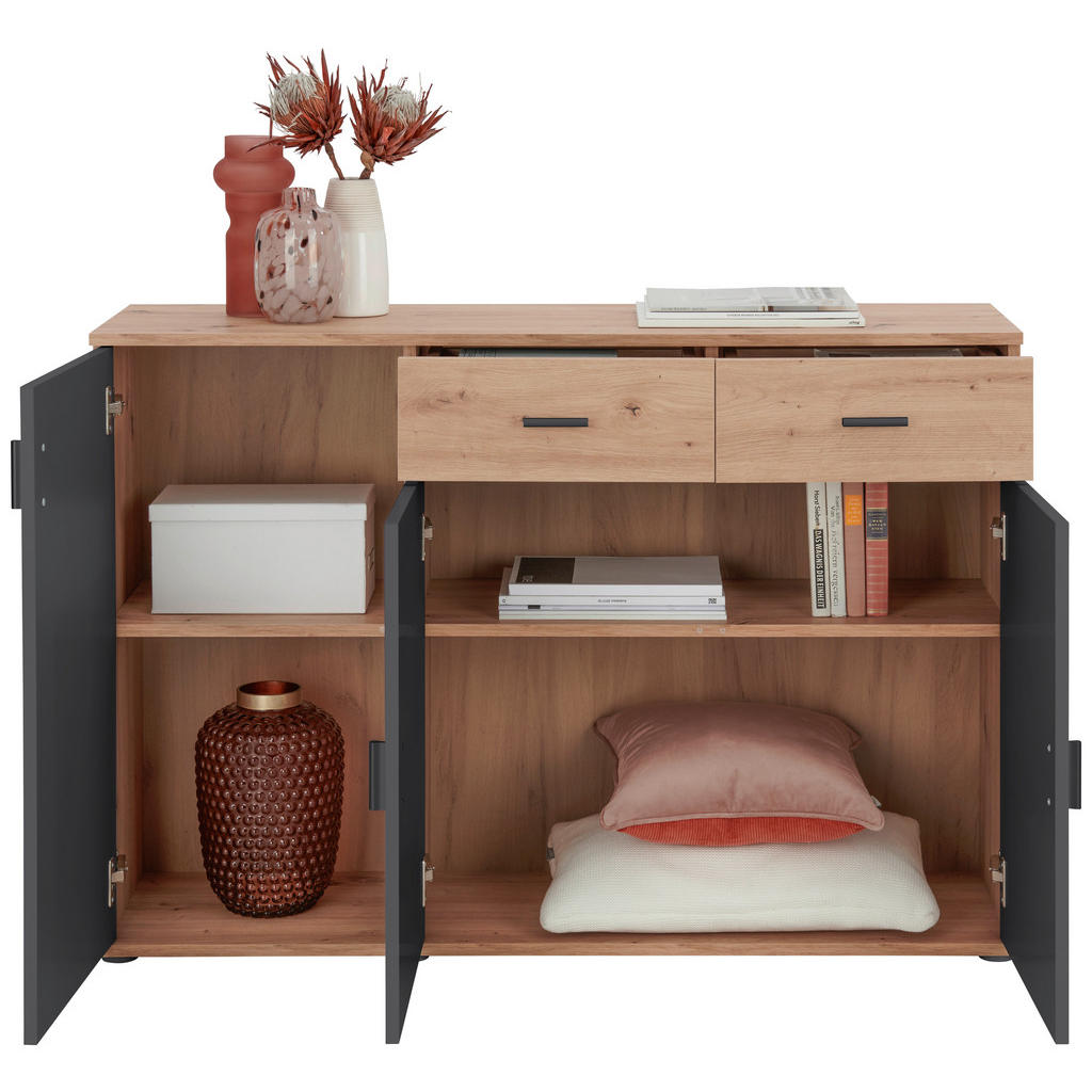 Thumbnail - Xora Kommode, Anthrazit, Eiche Artisan, Kunststoff, 2 Fächer, 2 Schublade(n) Schubladen, 119.9x82x34.7 cm, Wohnzimmer, K...