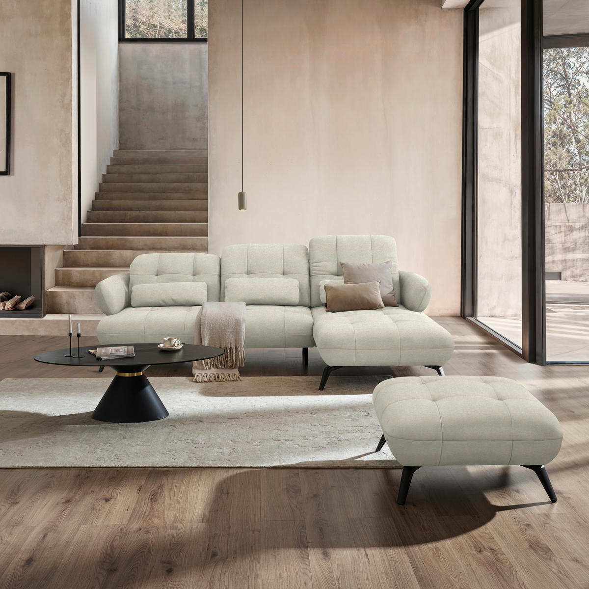 ECKSOFA Flachgewebe Sandfarben  - Sandfarben/Schwarz, Design, Textil/Metall (282/189cm) - Novel