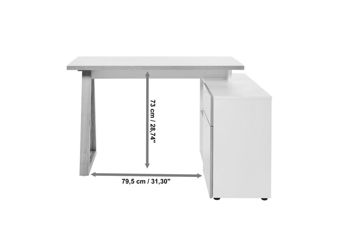 BUREAU D'ANGLE 120-130/55-95/76,2 cm  in Weiss, Eichefarben  - Weiss/Eichefarben, Modern, Holzwerkstoff/Metall (120-130/55-95/76,2cm) - Novel