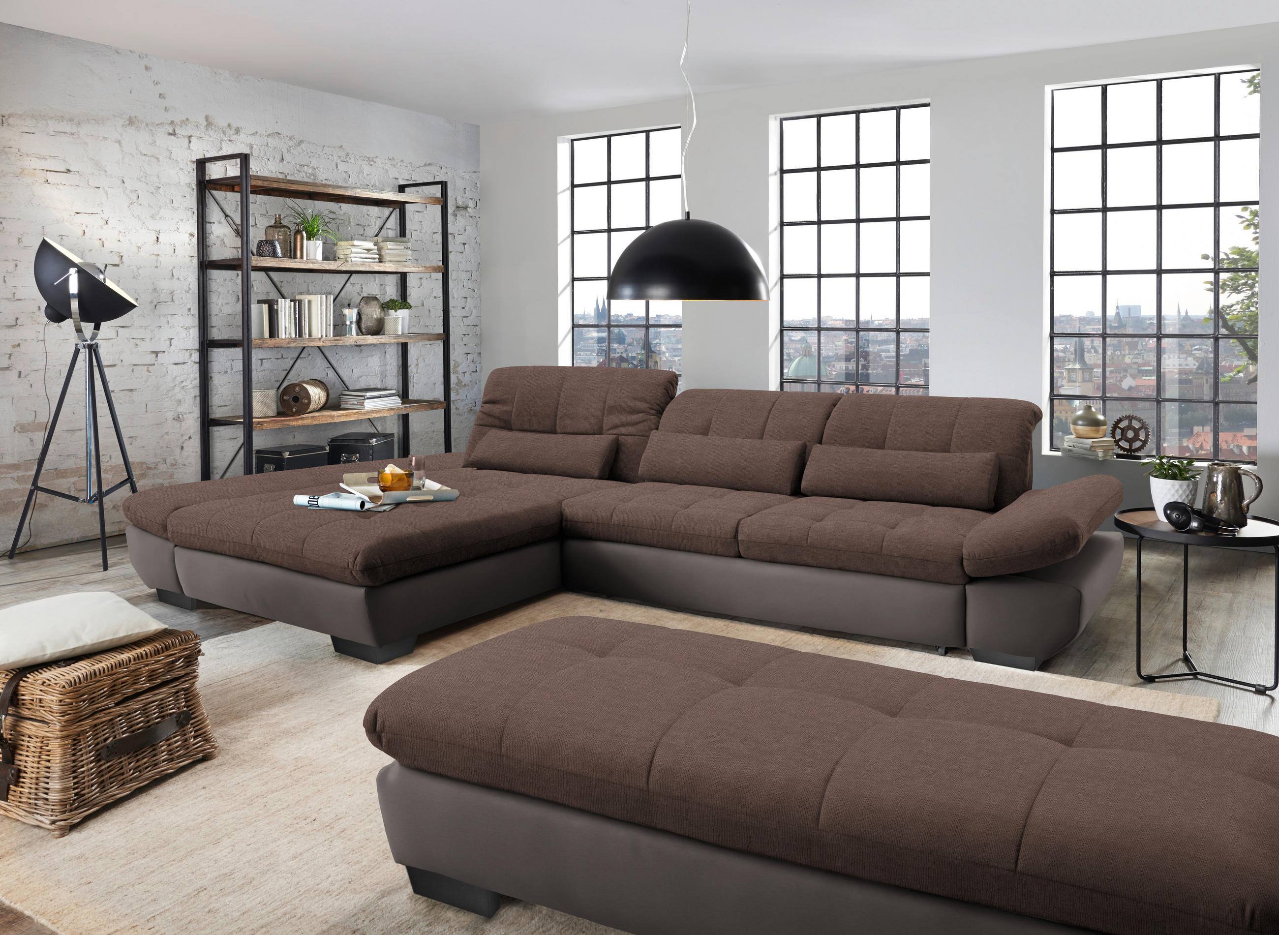ECKSOFA in Mikrofaser Hellbraun  - Hellbraun/Schwarz, Design, Textil/Metall (204/341cm) - Xora