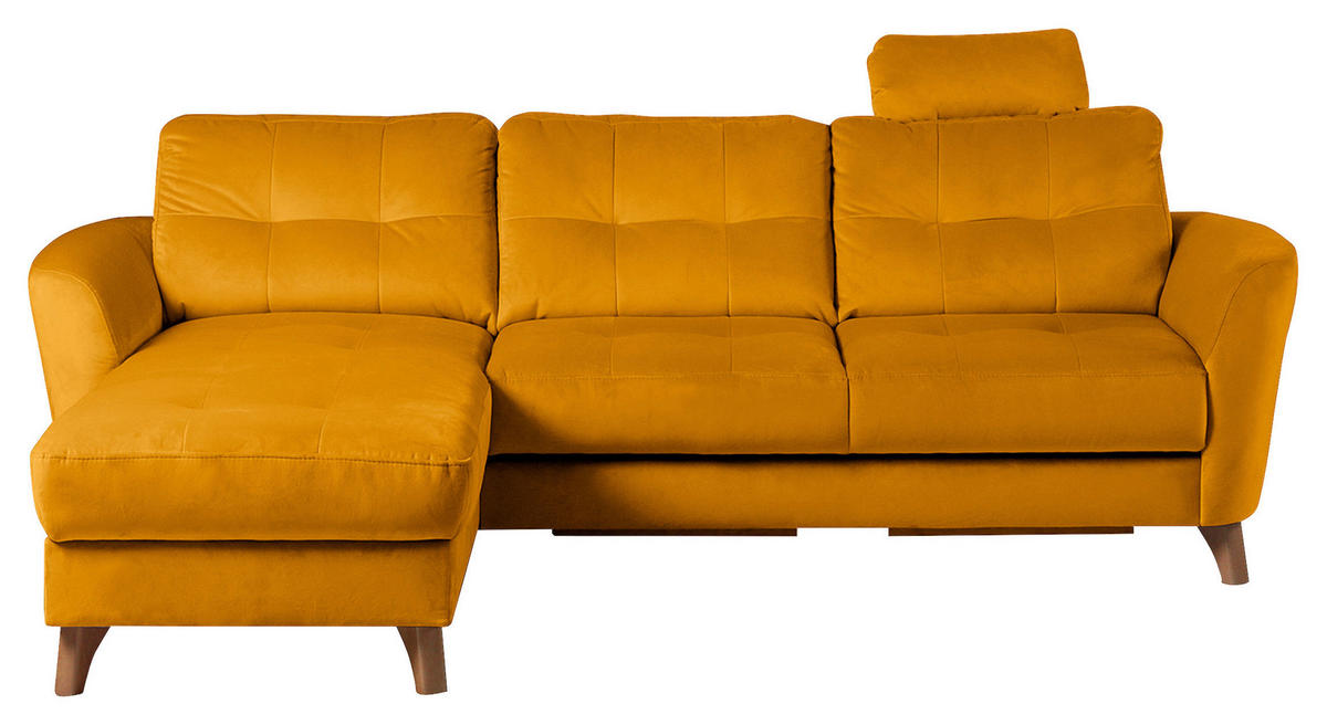 ECKSOFA Gelb Samt Bettkasten, Schlaffunktion, Liegefläche im Originalstoff  - Gelb/Buchefarben, Design, Holz/Textil (168/238cm) - Livetastic