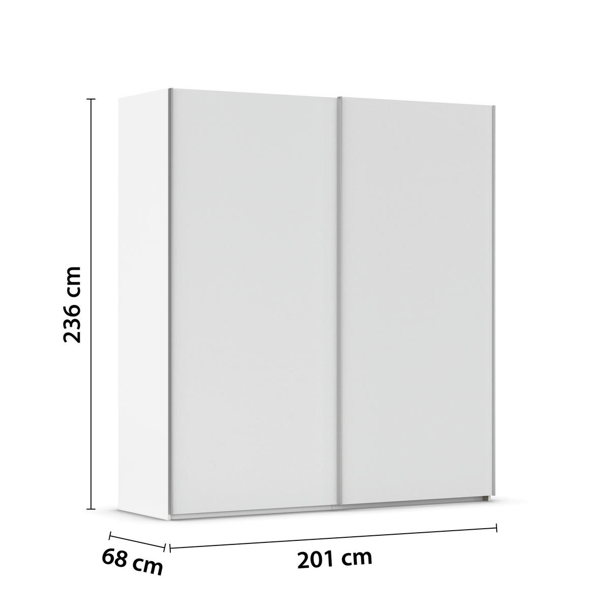 SCHWEBETÜRENSCHRANK 201/236/68 cm 2-türig Weiß, Weiß Hochglanz  - Weiß Hochglanz/Alufarben, Basics, Holzwerkstoff/Metall (201/236/68cm) - Novel