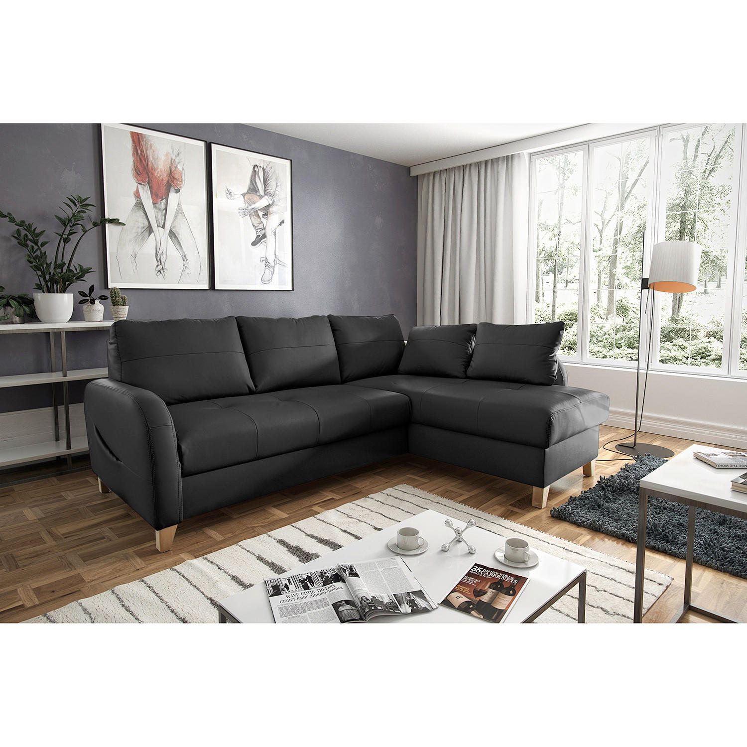 ECKSOFA Schwarz Echtleder Lederlook  - Buchefarben/Schwarz, Design, Leder/Holz (227/168cm) - Livetastic