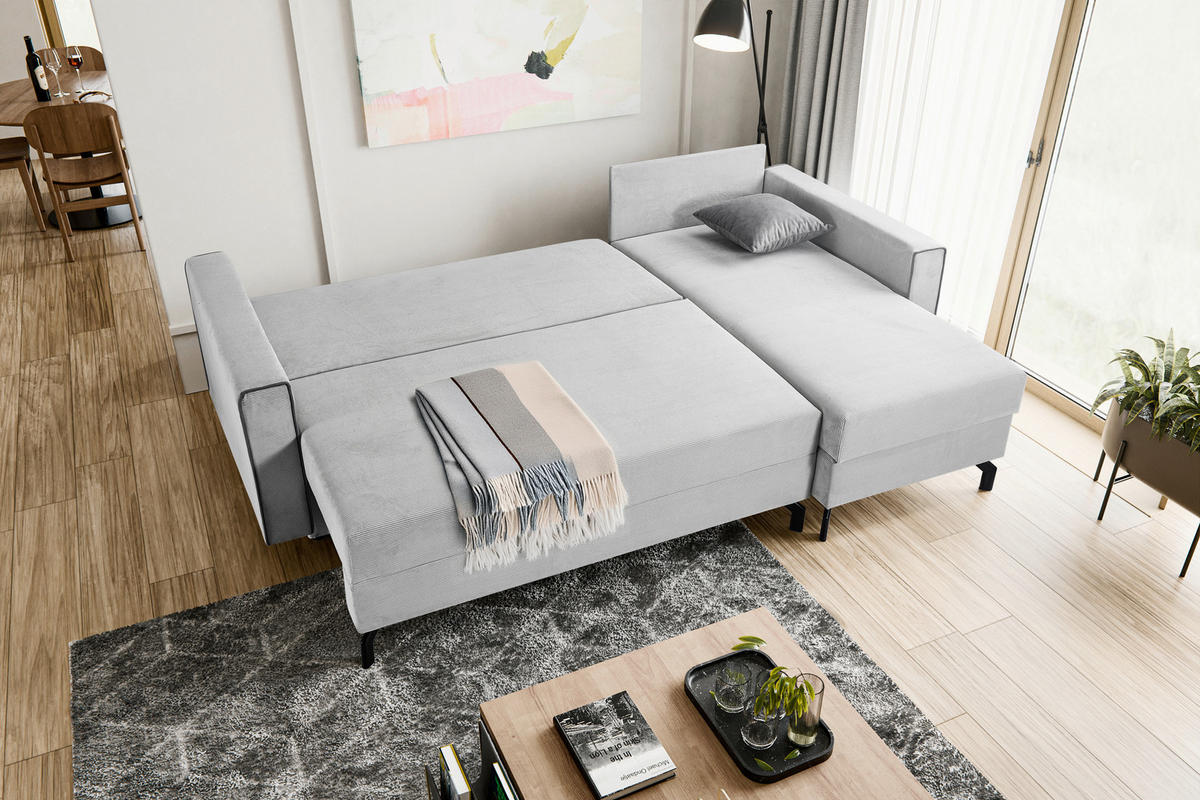 ECKSOFA MARTI Hellgrau Cord  - Hellgrau/Schwarz, Basics, Holz/Textil (230/148cm) - MID.YOU