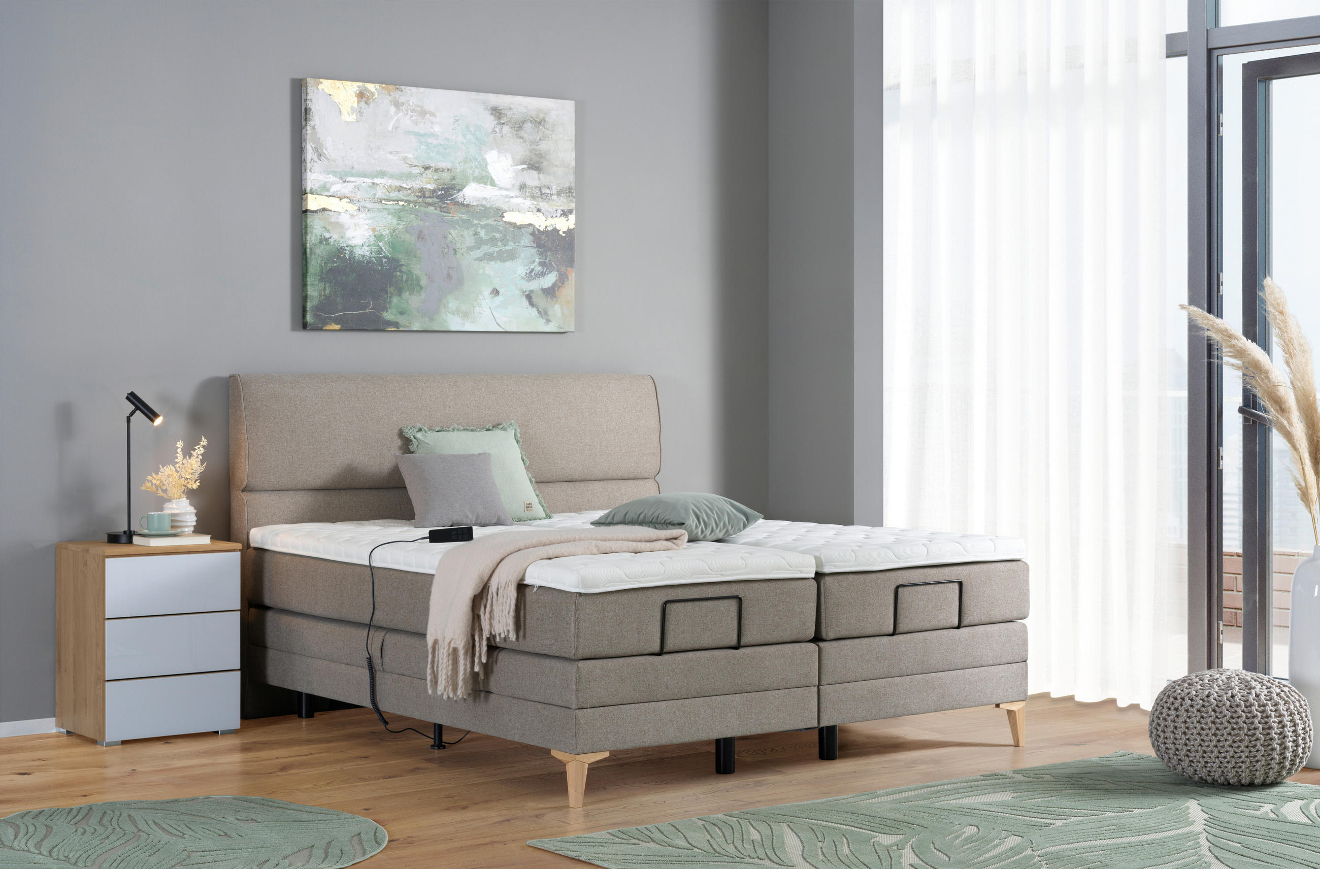 Thumbnail - Voleo Boxspringbett, Hellbraun, Textil, Eiche, massiv, H2 + H3, 7-Zonen, Höhe ca. 19 cm, 160x200 cm, Über- und Sondergrö...