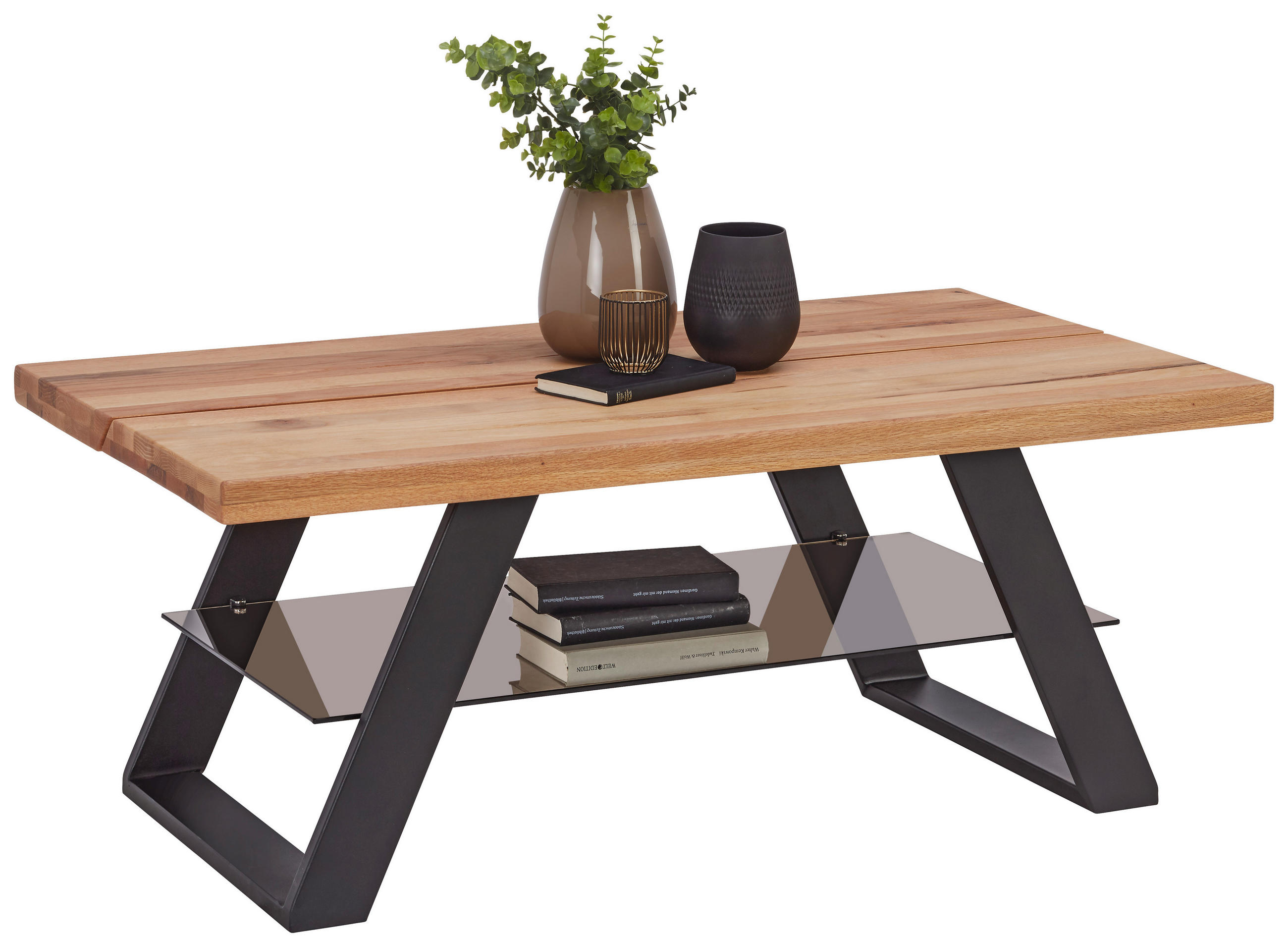 COUCHTISCH in Holz, Metall, Glas 115/65/45 cm - Eichefarben/Schwarz, Design, Glas/Holz (115/65/45cm) - Novel