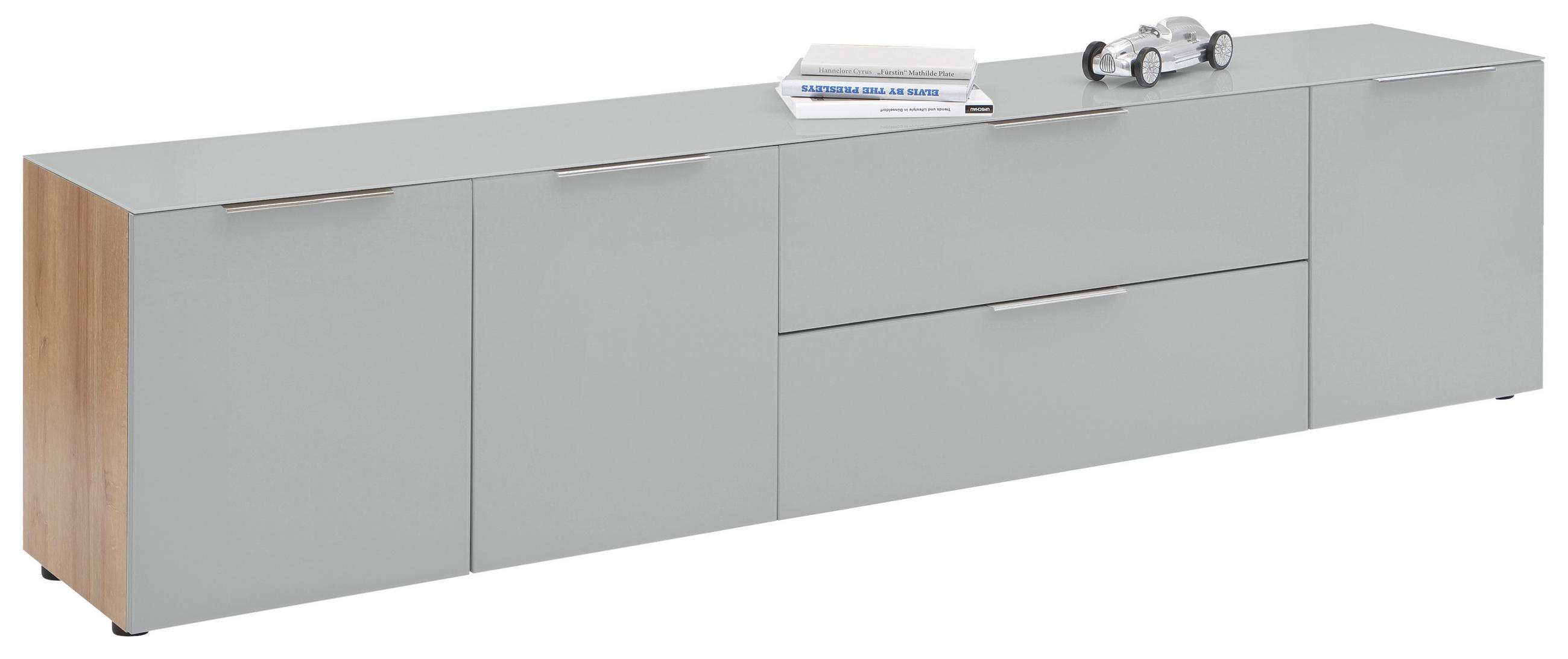 LOWBOARD Grau, Eichefarben - Eichefarben/Schwarz, Design, Glas/Holzwerkstoff (225,5/53,9/40cm)