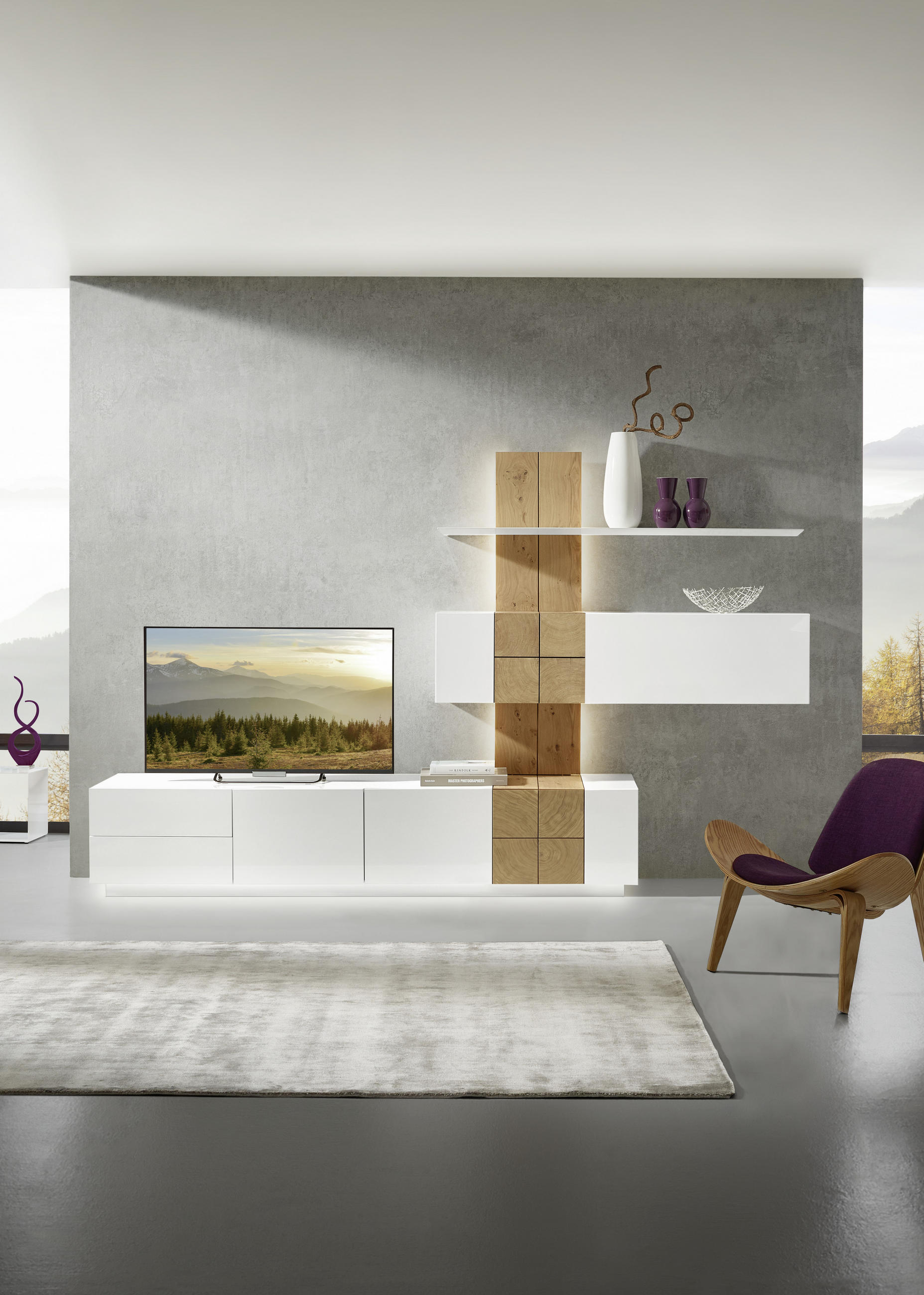 WOHNWAND Quadra in Weiß, Eichefarben 305/190/52 cm - Eichefarben/Weiß, Design, Holz/Holzwerkstoff (305/190/52cm) - Ambiente